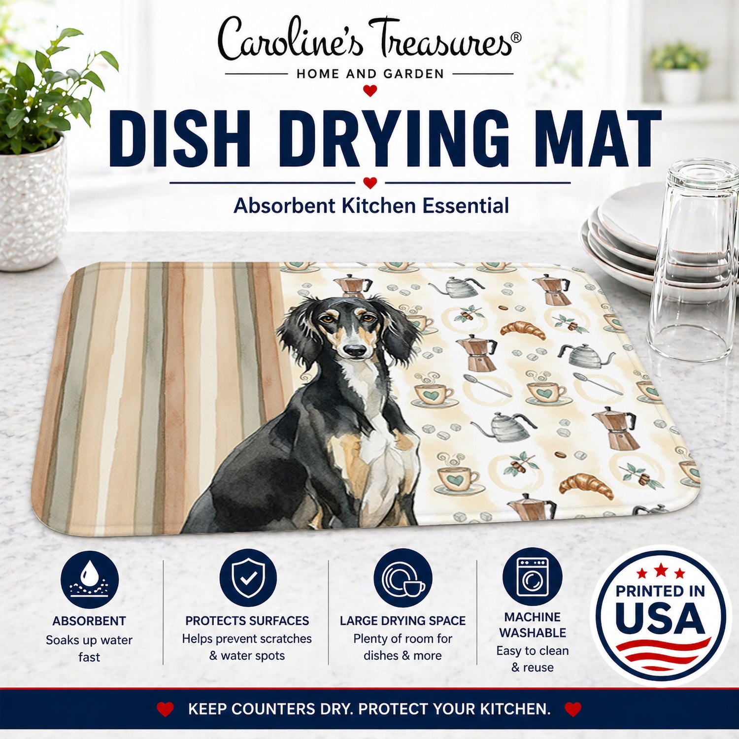 Black and Tan Saluki Coffee Bar Dish Drying Mat Absorbent Dish Drying Mat Pad for Kitchen Counter Dish Drainer Mat for Countertop, 14 x 21", Multicolor