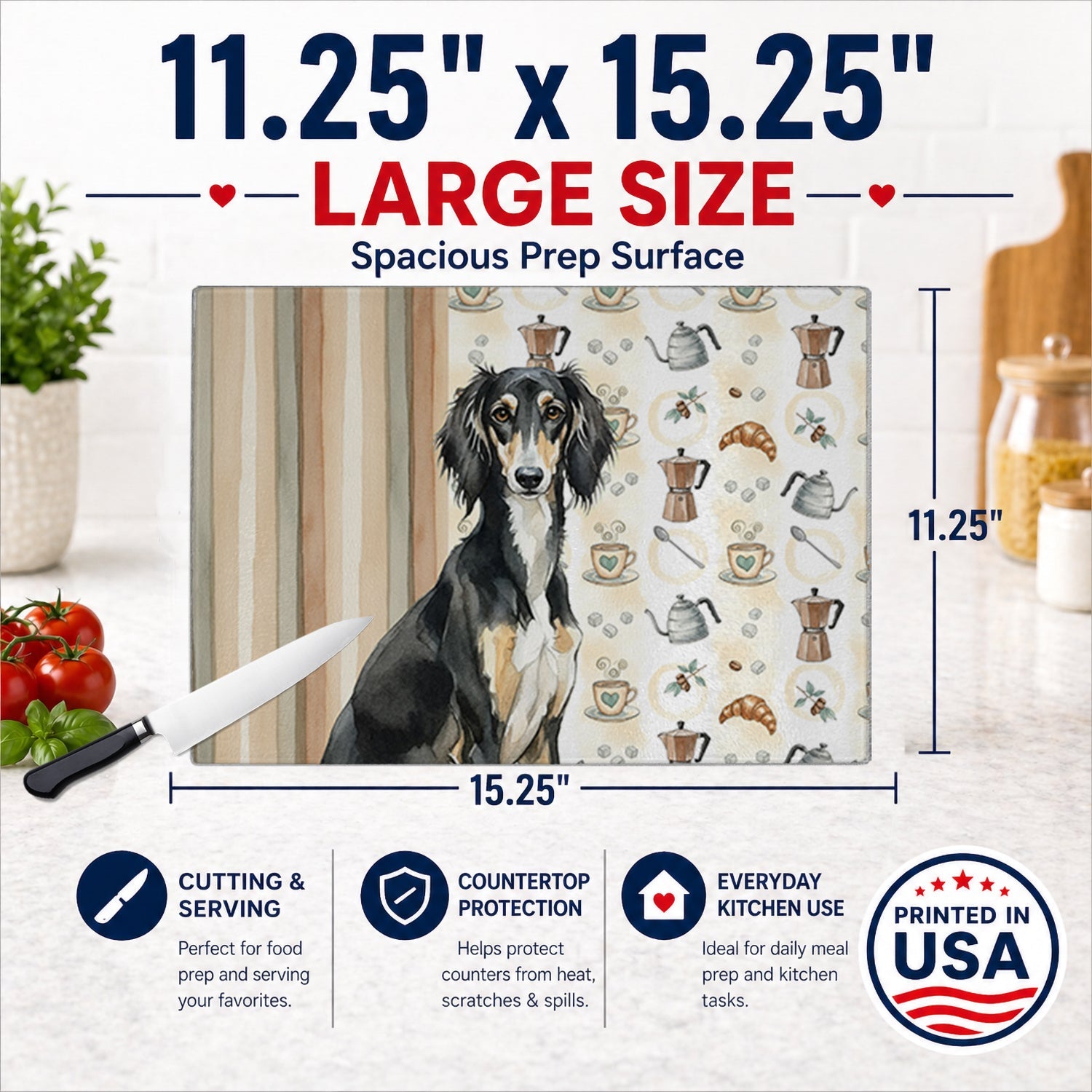Black and Tan Saluki Coffee Bar Cutting Board Tempered Glass Kitchen Cutting Surface, Heat Resistant Chopping, Non-Slip Feet, Food Prep & Serving