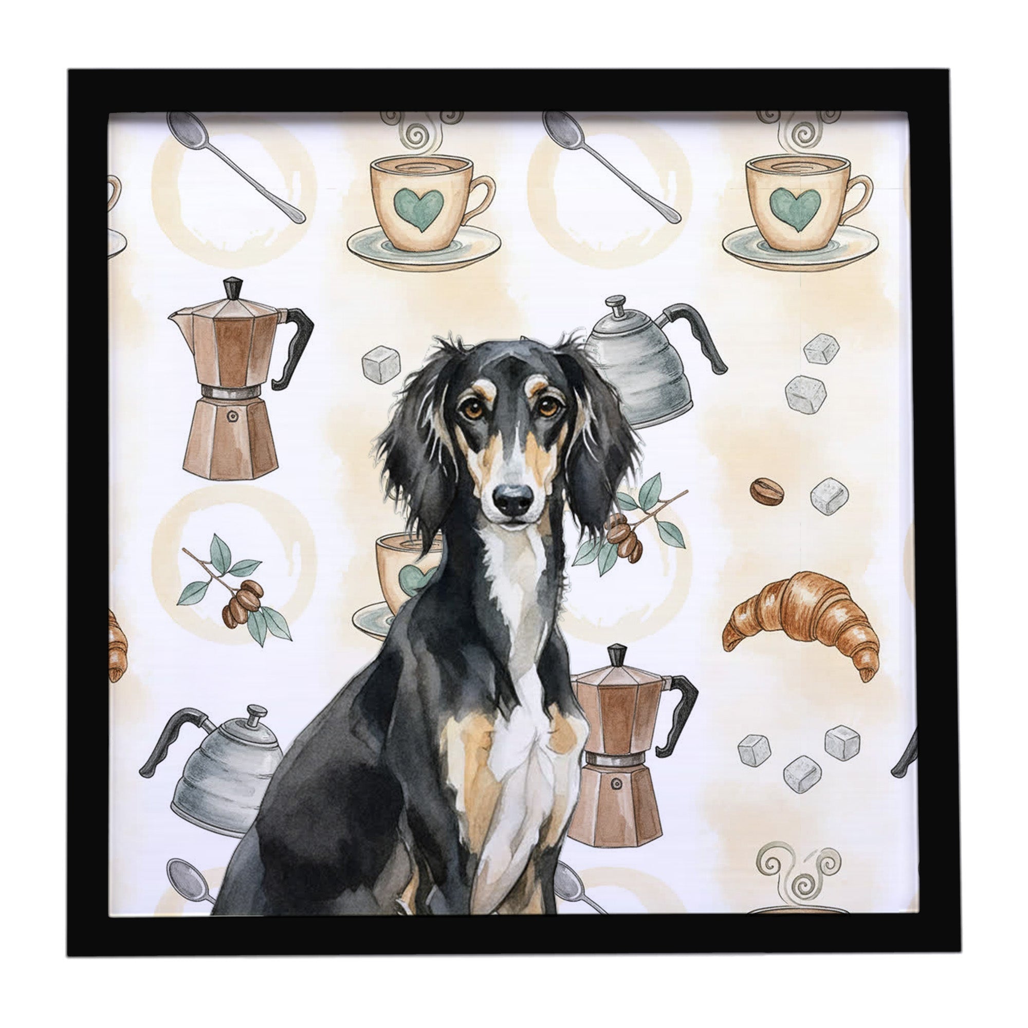 Black and Tan Saluki Coffee Bar Framed Metal Print Bathroom, Kitchen, Office, Home Decor Wall Art Ready to Hang, Square, 8X8