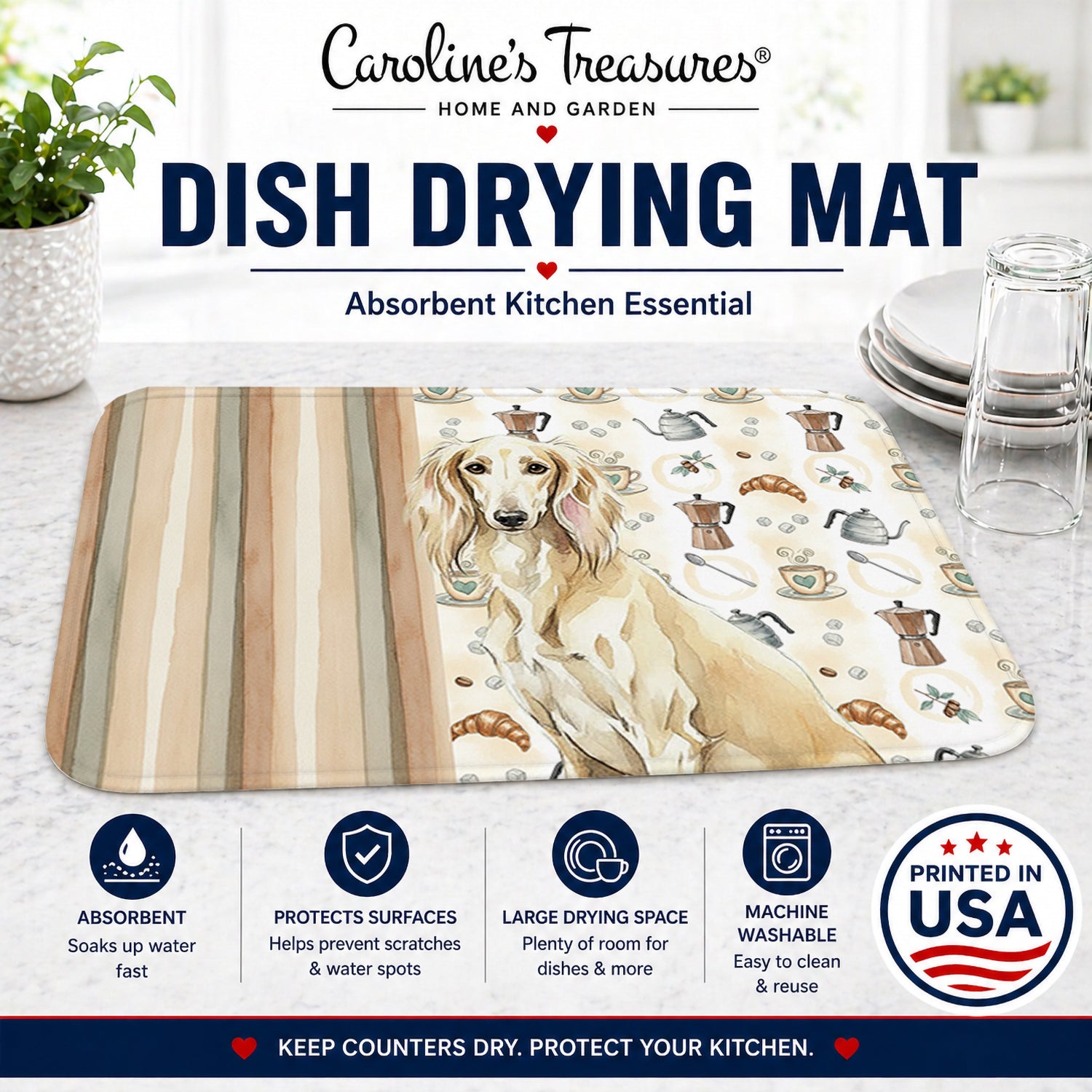 Cream Saluki Coffee Bar Dish Drying Mat Absorbent Dish Drying Mat Pad for Kitchen Counter Dish Drainer Mat for Countertop, 14 x 21", Multicolor