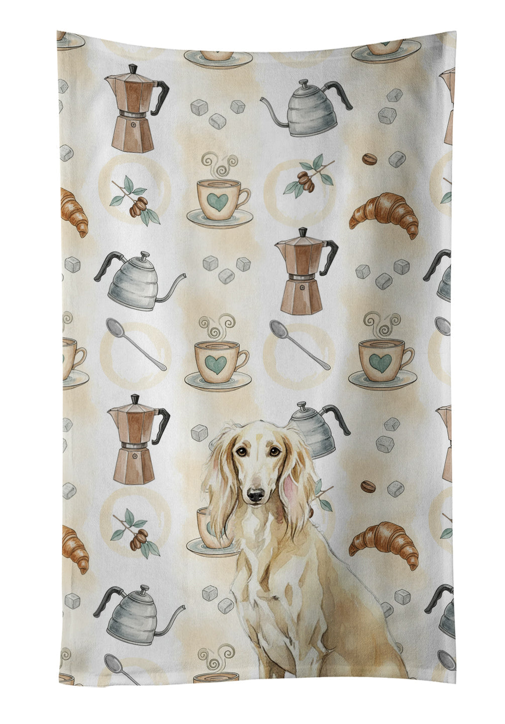 Cream Saluki Coffee Bar Kitchen Towel Velour Plush Front and Cotton Loop Back Machine Washable