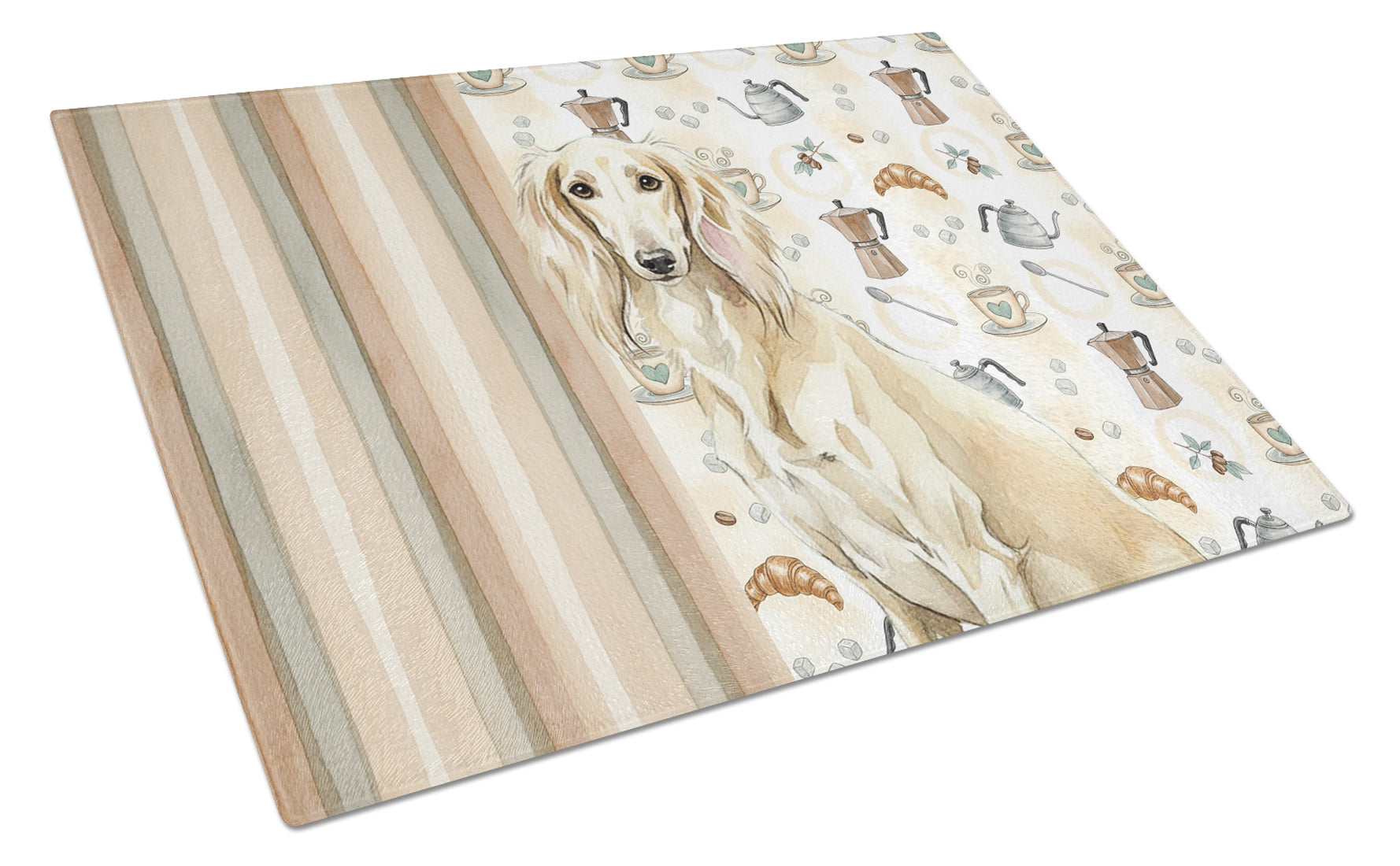 Cream Saluki Coffee Bar Cutting Board Tempered Glass Kitchen Cutting Surface, Heat Resistant Chopping, Non-Slip Feet, Food Prep & Serving
