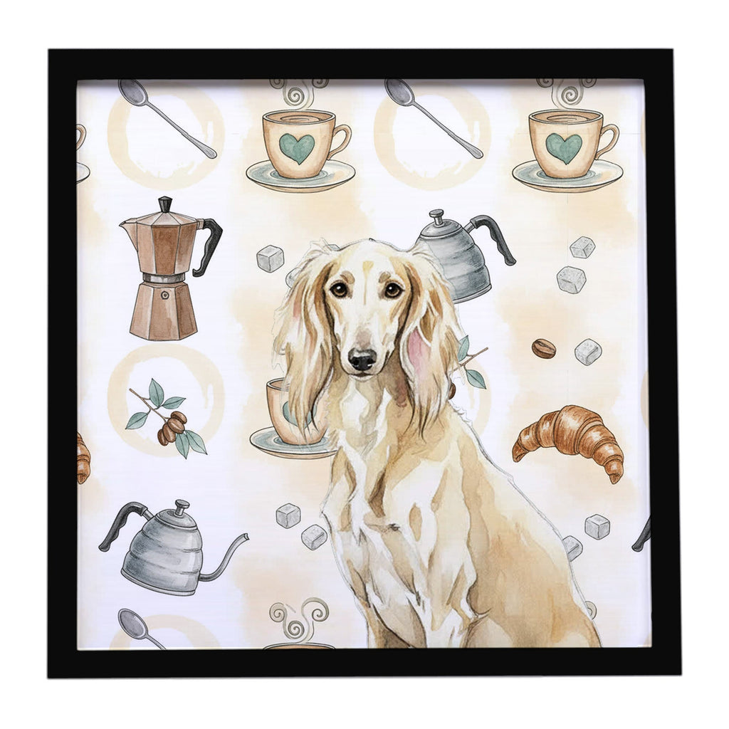 Cream Saluki Coffee Bar Framed Metal Print Bathroom, Kitchen, Office, Home Decor Wall Art Ready to Hang, Square, 8X8