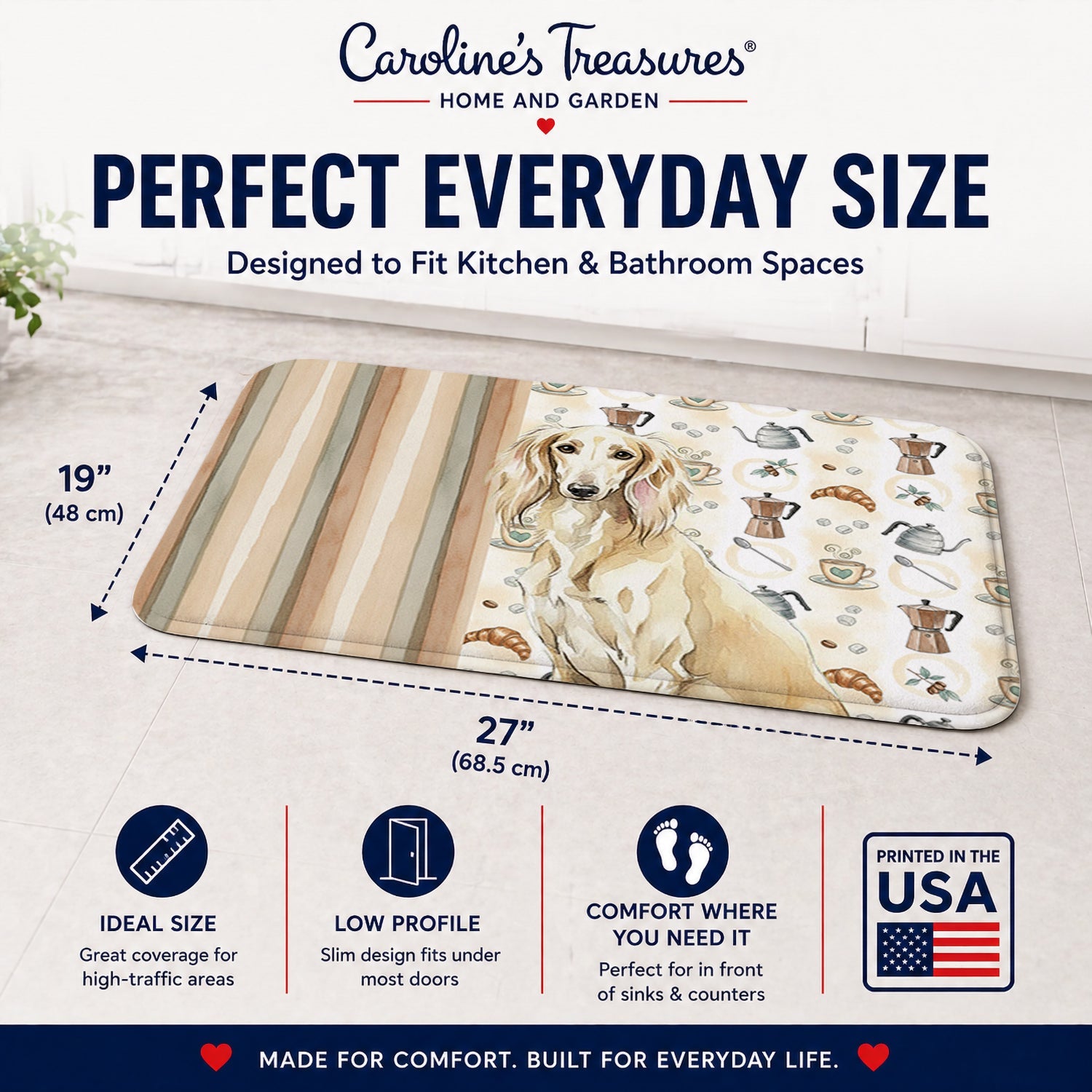 Cream Saluki Coffee Bar Memory Foam Kitchen Mat Machine Washable Anti-Fatigue Cushion Comfort Bath or Kitchen Rug