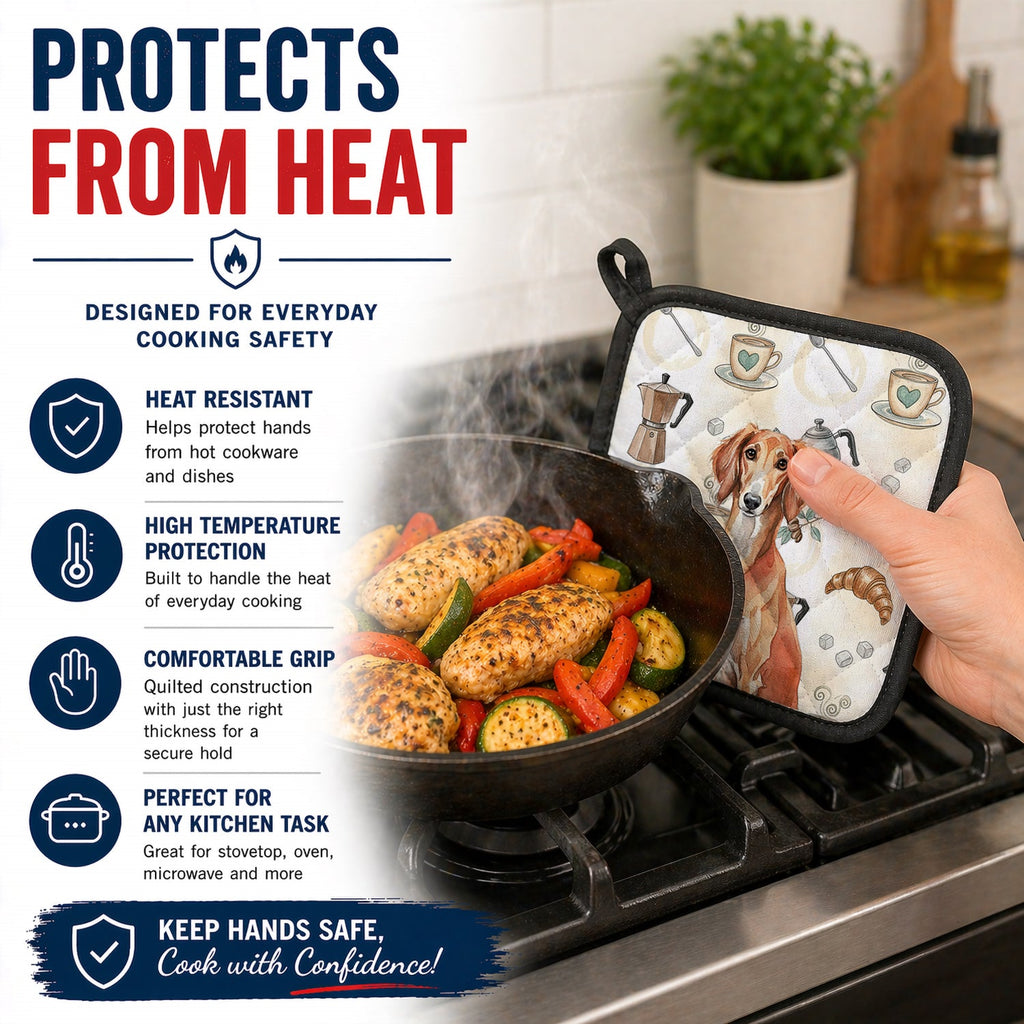 Red Saluki Coffee Bar Pot Holder Set of 2 Heat Resistant Quilted Hot Pads 7.5 x 7.5 Inch, Insulated Kitchen Trivets for Cooking & Baking