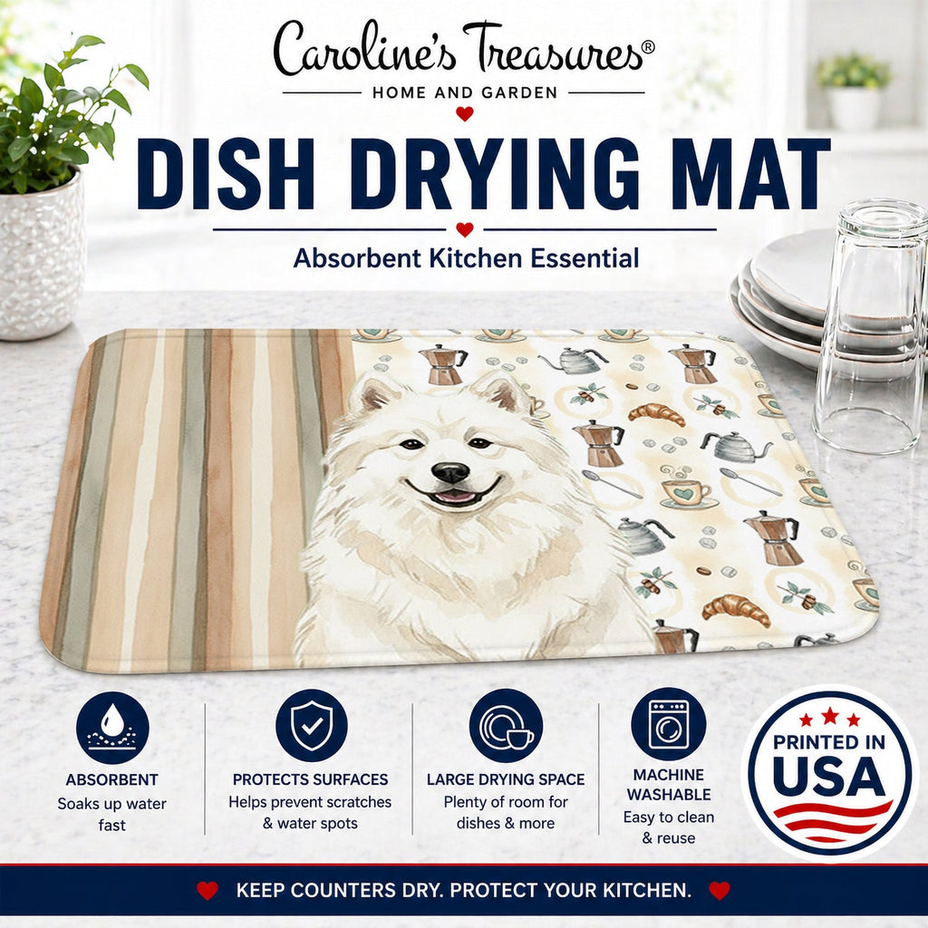Cream Samoyed Coffee Bar Dish Drying Mat Absorbent Dish Drying Mat Pad for Kitchen Counter Dish Drainer Mat for Countertop, 14 x 21", Multicolor