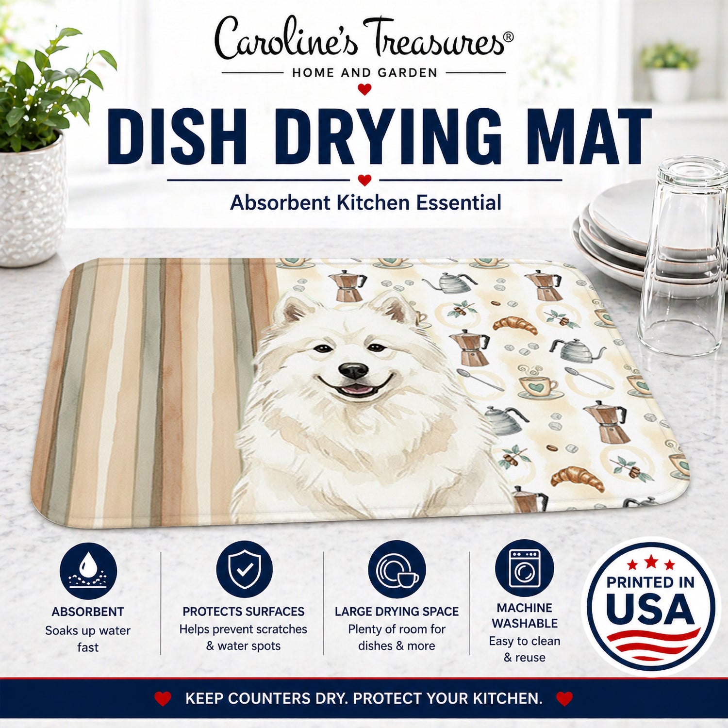 Cream Samoyed Coffee Bar Dish Drying Mat Absorbent Dish Drying Mat Pad for Kitchen Counter Dish Drainer Mat for Countertop, 14 x 21", Multicolor