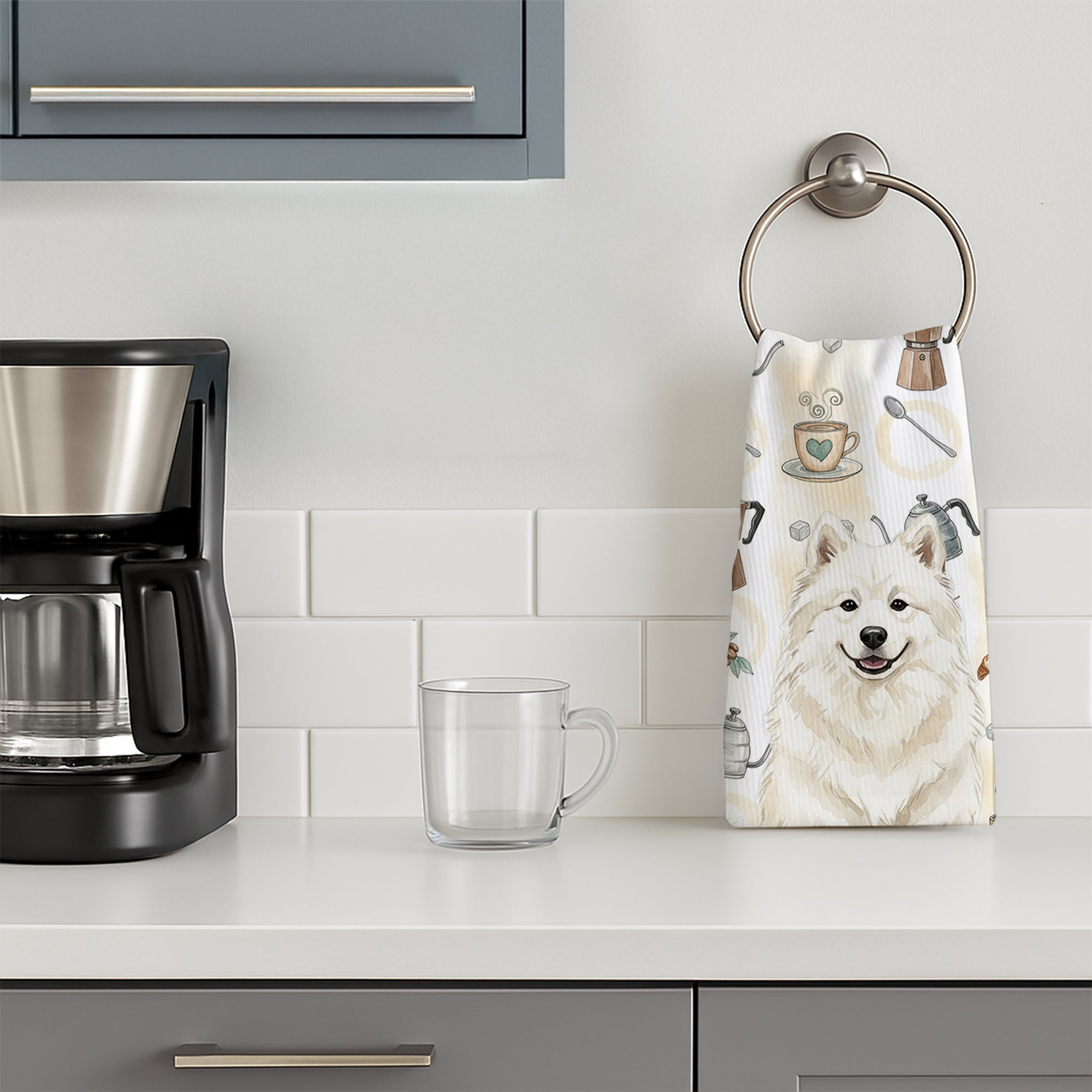 Cream Samoyed Coffee Bar Kitchen Towel Velour Plush Front and Cotton Loop Back Machine Washable