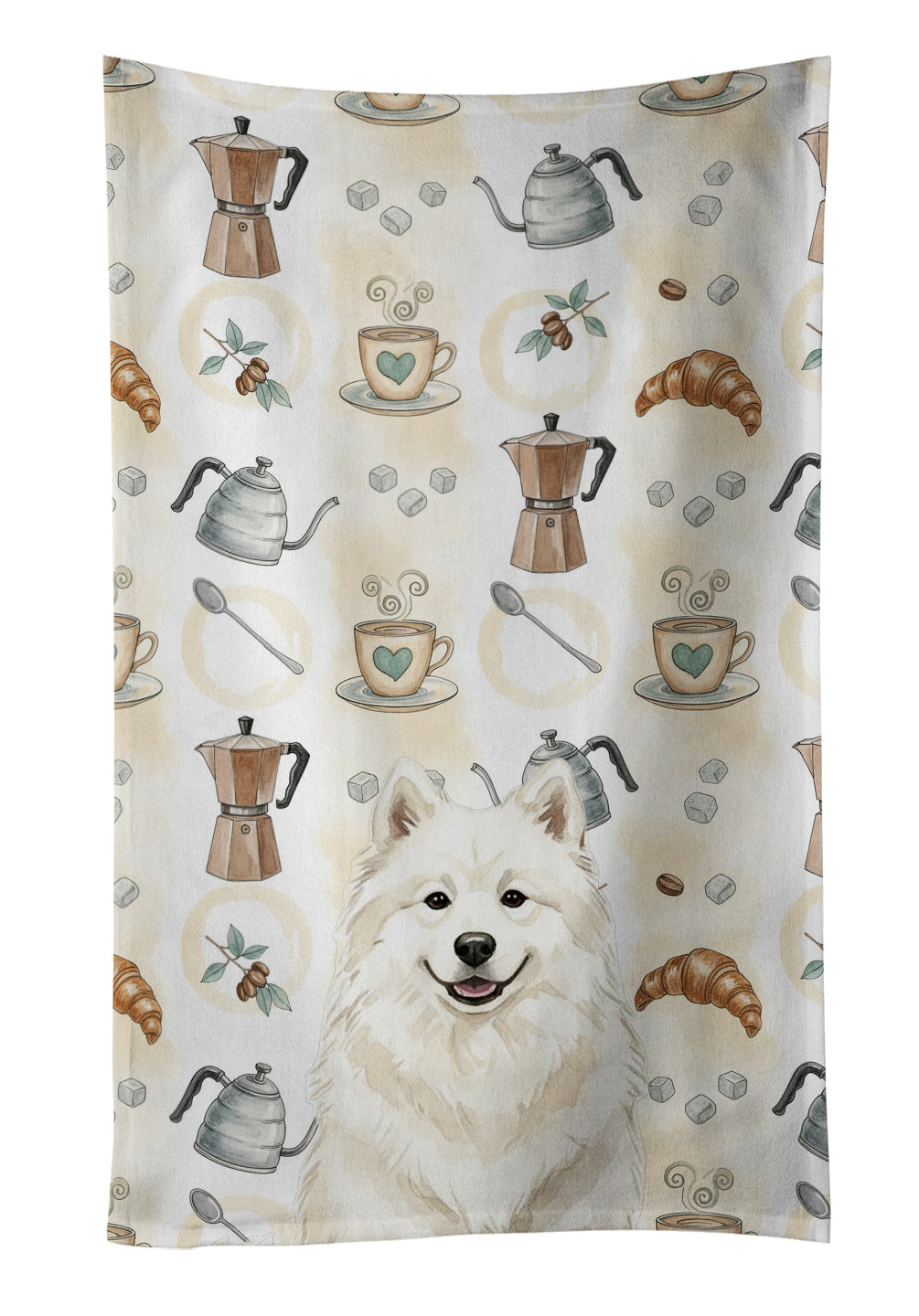 Cream Samoyed Coffee Bar Kitchen Towel Velour Plush Front and Cotton Loop Back Machine Washable