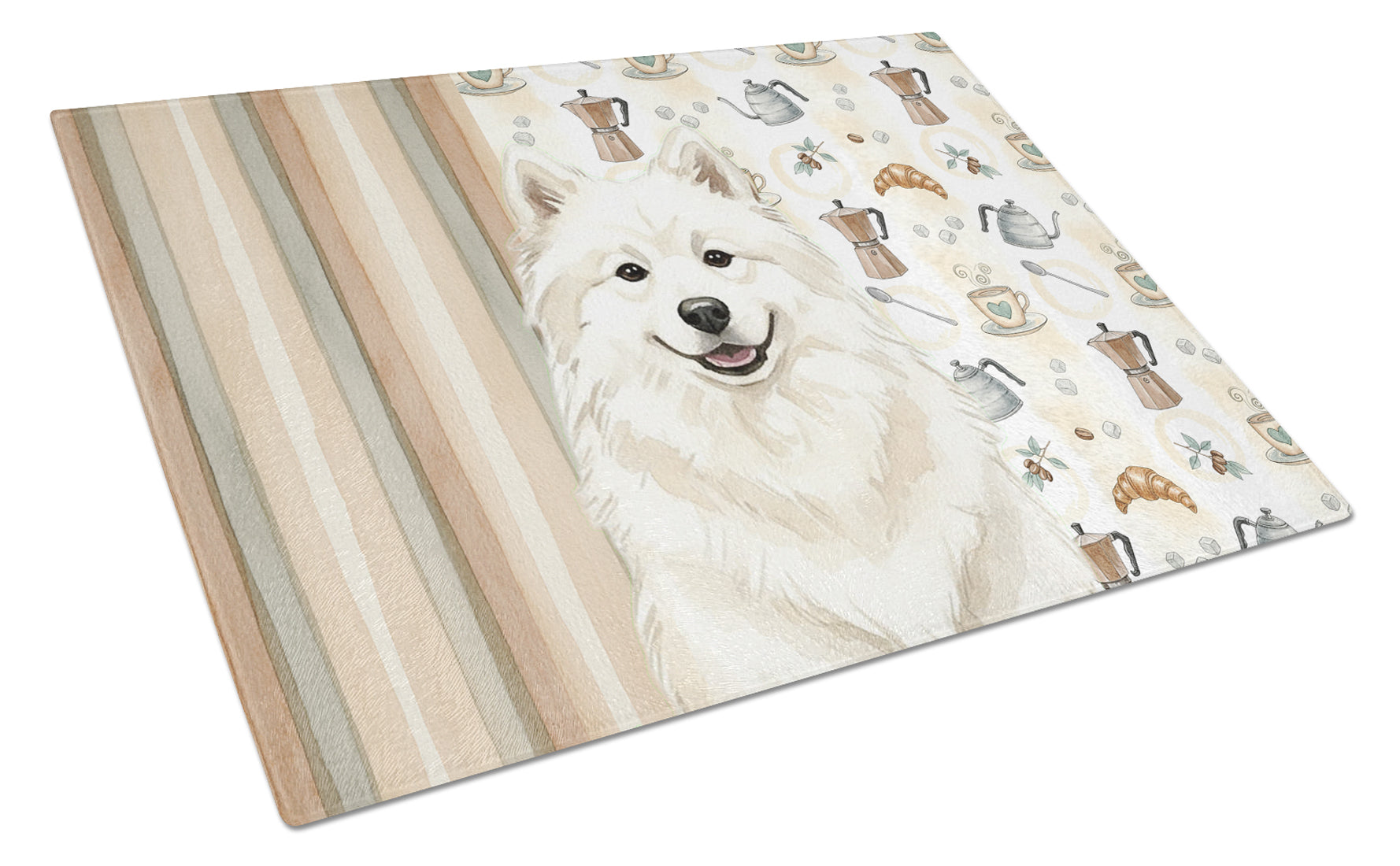 Cream Samoyed Coffee Bar Cutting Board Tempered Glass Kitchen Cutting Surface, Heat Resistant Chopping, Non-Slip Feet, Food Prep & Serving