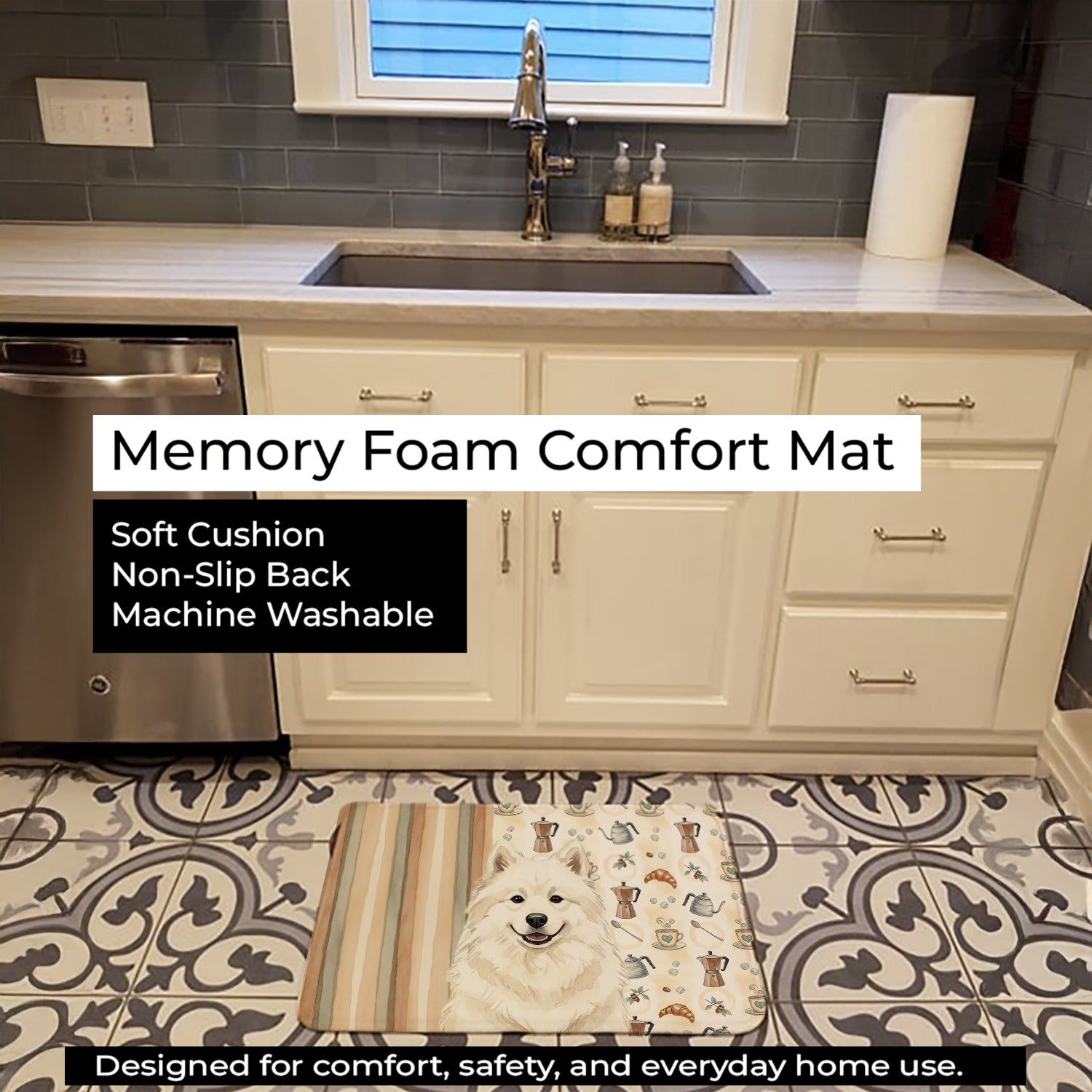 Cream Samoyed Coffee Bar Memory Foam Kitchen Mat Machine Washable Anti-Fatigue Cushion Comfort Bath or Kitchen Rug