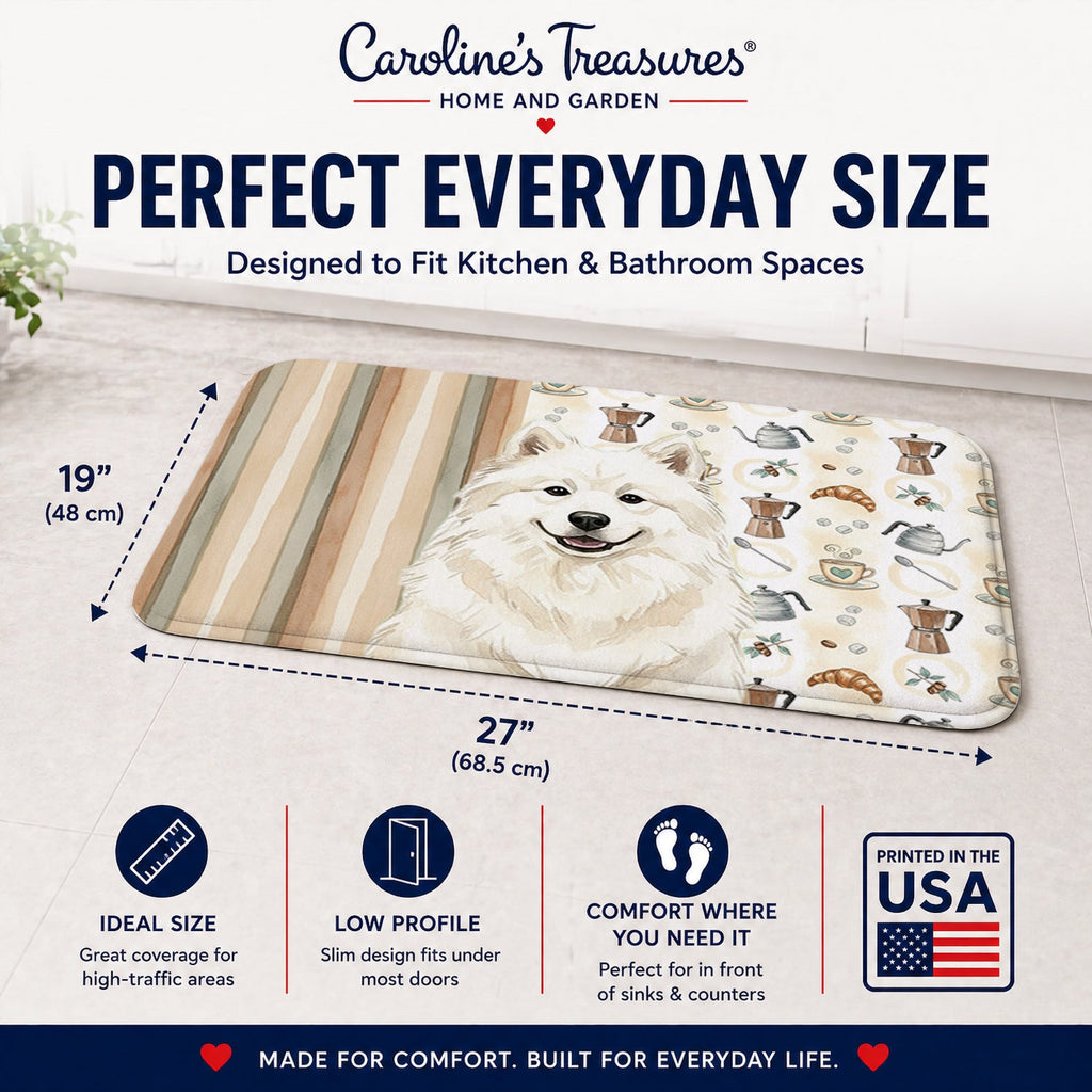 Cream Samoyed Coffee Bar Memory Foam Kitchen Mat Machine Washable Anti-Fatigue Cushion Comfort Bath or Kitchen Rug