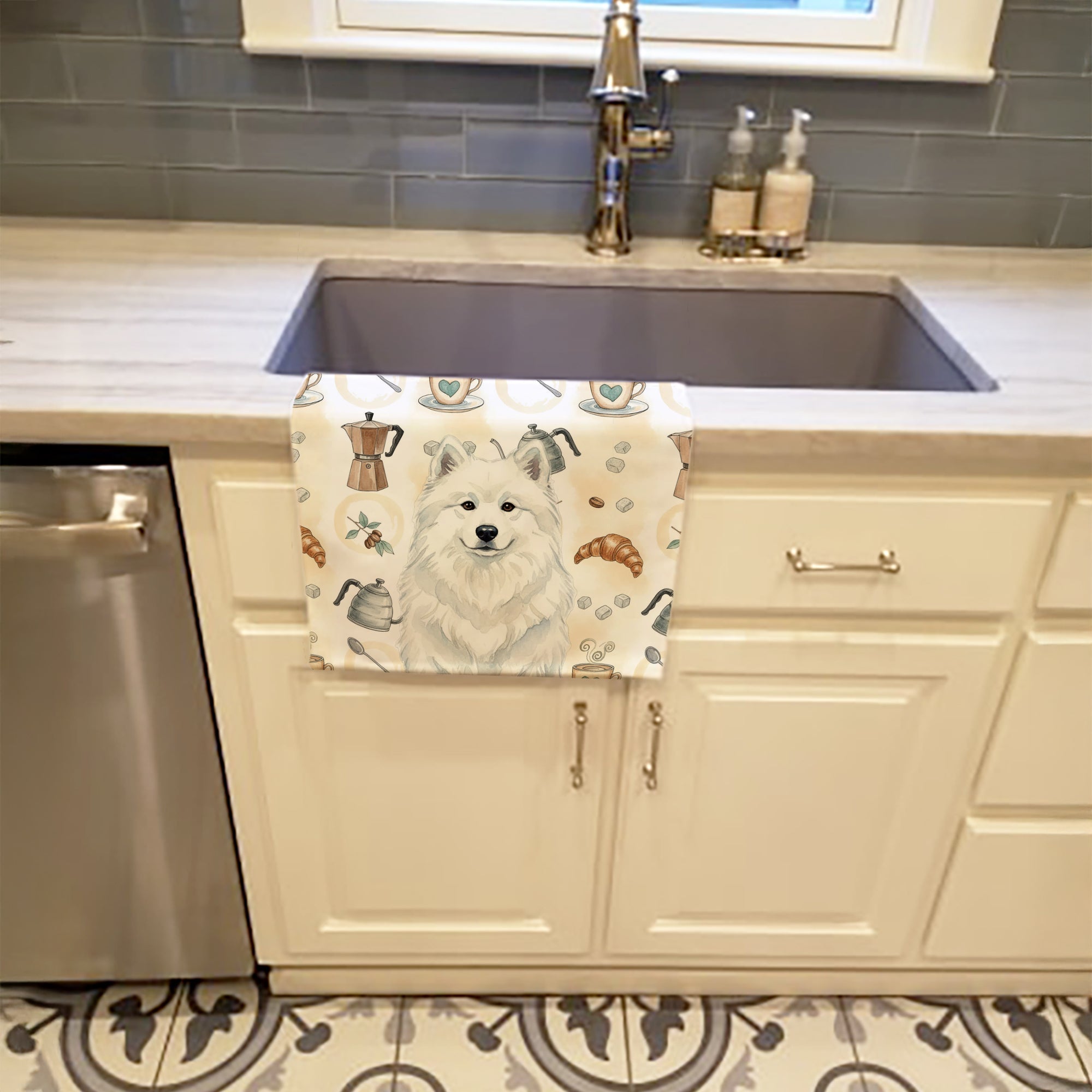 White Samoyed Coffee Bar Kitchen Towel Velour Plush Front and Cotton Loop Back Machine Washable