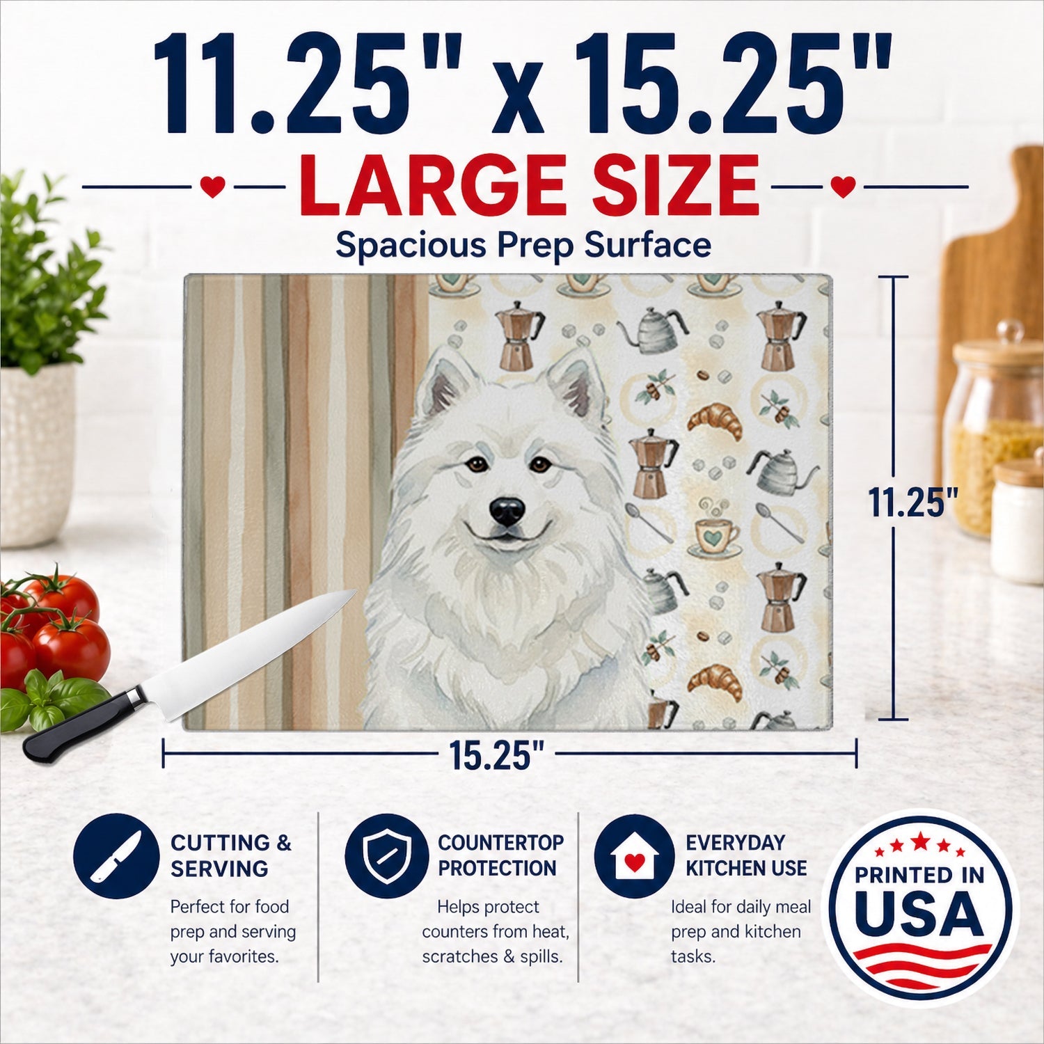 White Samoyed Coffee Bar Cutting Board Tempered Glass Kitchen Cutting Surface, Heat Resistant Chopping, Non-Slip Feet, Food Prep & Serving