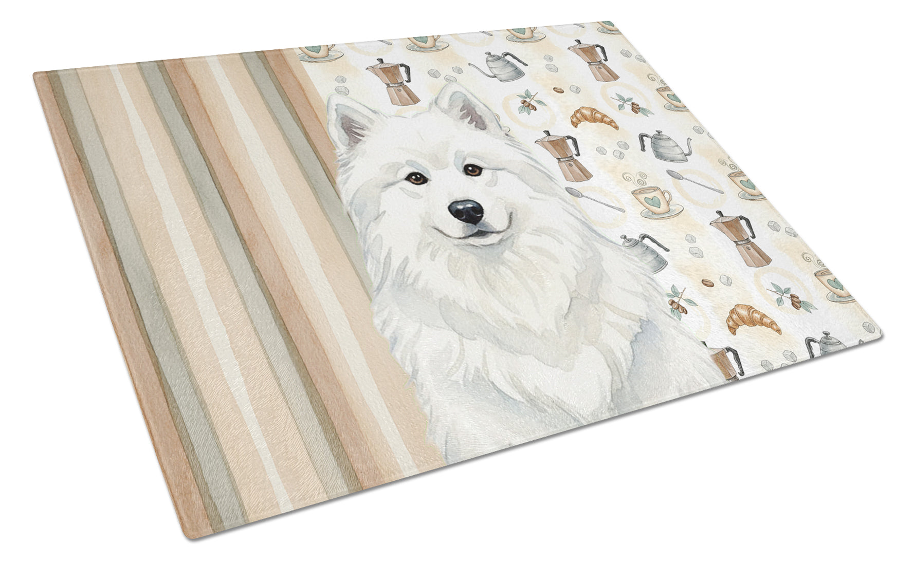 White Samoyed Coffee Bar Cutting Board Tempered Glass Kitchen Cutting Surface, Heat Resistant Chopping, Non-Slip Feet, Food Prep & Serving