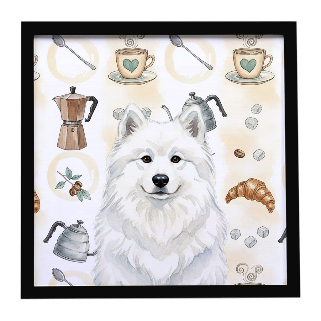 White Samoyed Coffee Bar Framed Metal Print Bathroom, Kitchen, Office, Home Decor Wall Art Ready to Hang, Square, 8X8