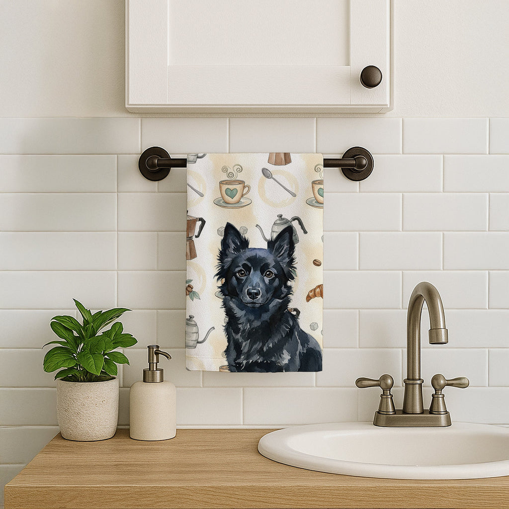 Schipperke Coffee Bar Kitchen Towel Velour Plush Front and Cotton Loop Back Machine Washable