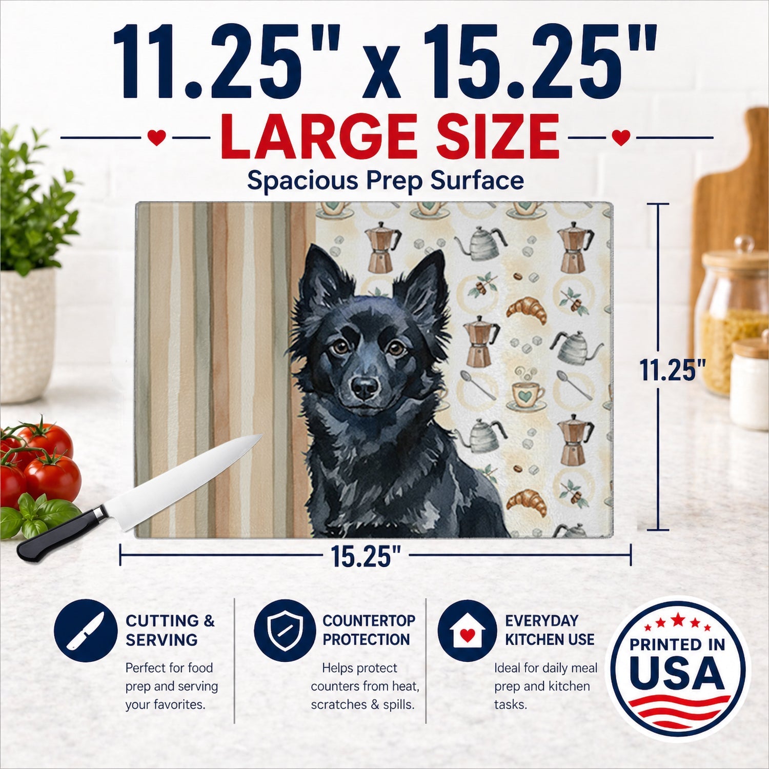 Schipperke Coffee Bar Cutting Board Tempered Glass Kitchen Cutting Surface, Heat Resistant Chopping, Non-Slip Feet, Food Prep & Serving