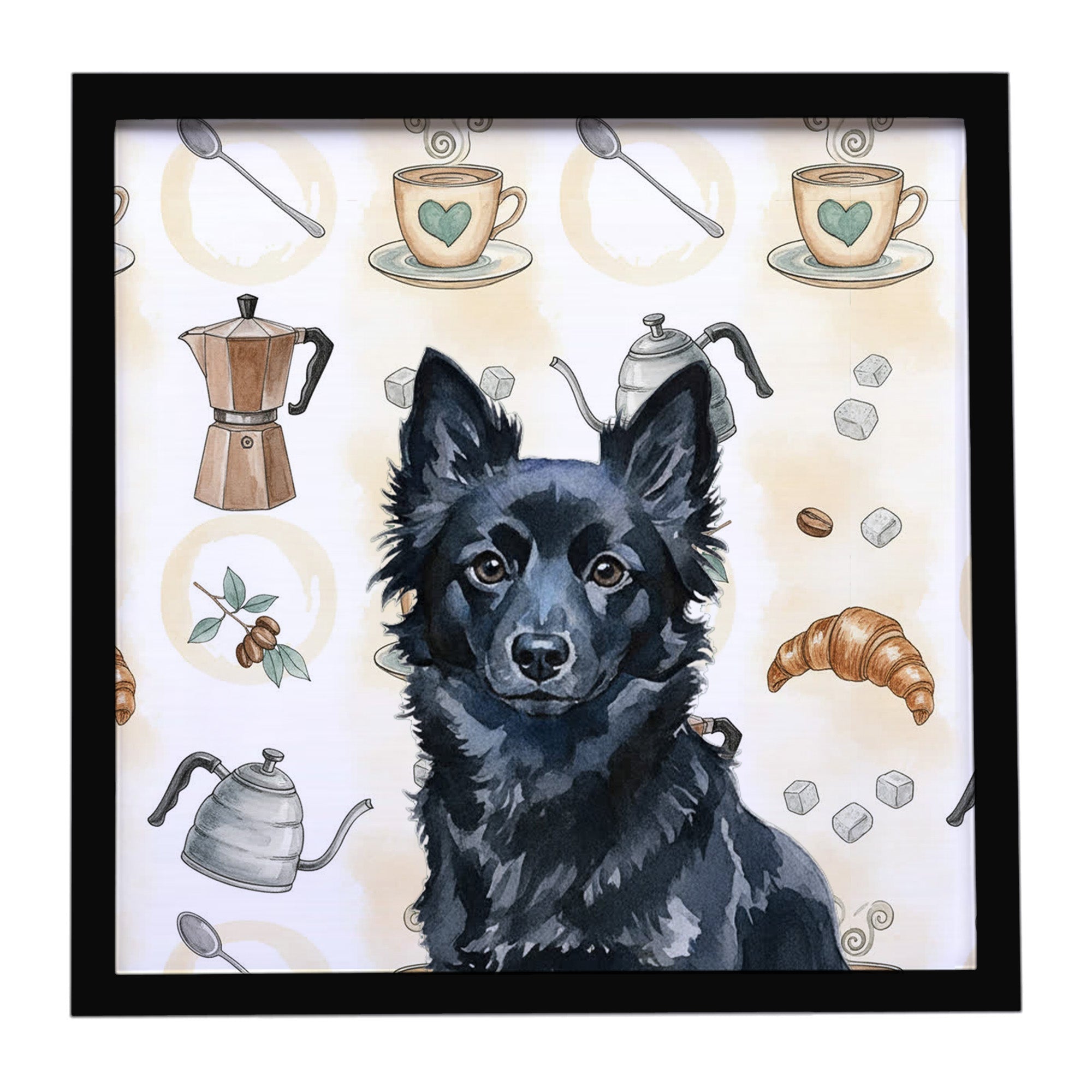 Schipperke Coffee Bar Framed Metal Print Bathroom, Kitchen, Office, Home Decor Wall Art Ready to Hang, Square, 8X8