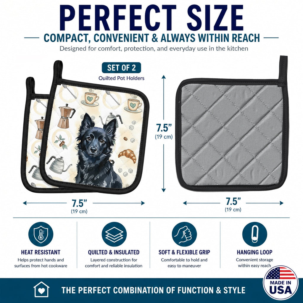 Schipperke Coffee Bar Pot Holder Set of 2 Heat Resistant Quilted Hot Pads 7.5 x 7.5 Inch, Insulated Kitchen Trivets for Cooking & Baking