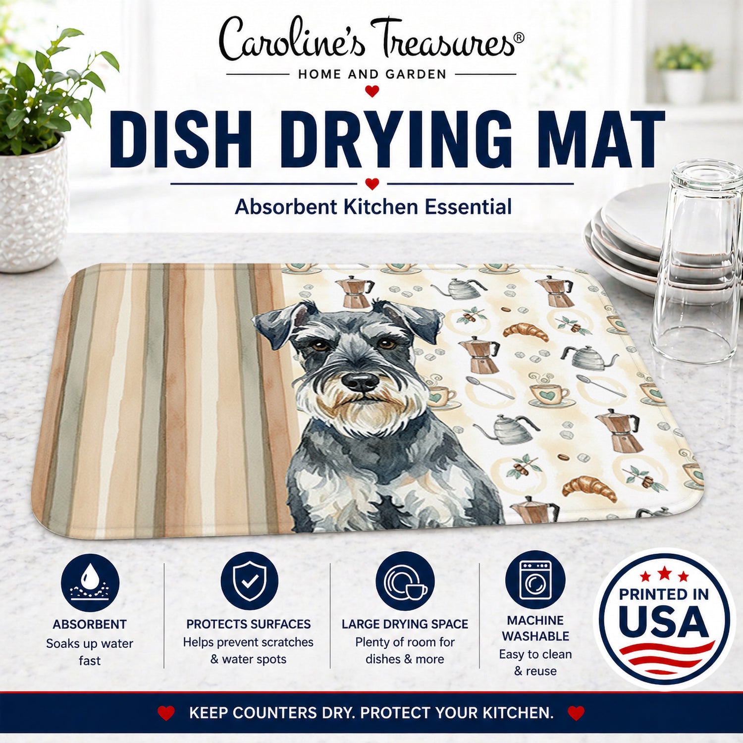 Schnauzer Coffee Bar Dish Drying Mat Absorbent Dish Drying Mat Pad for Kitchen Counter Dish Drainer Mat for Countertop, 14 x 21", Multicolor