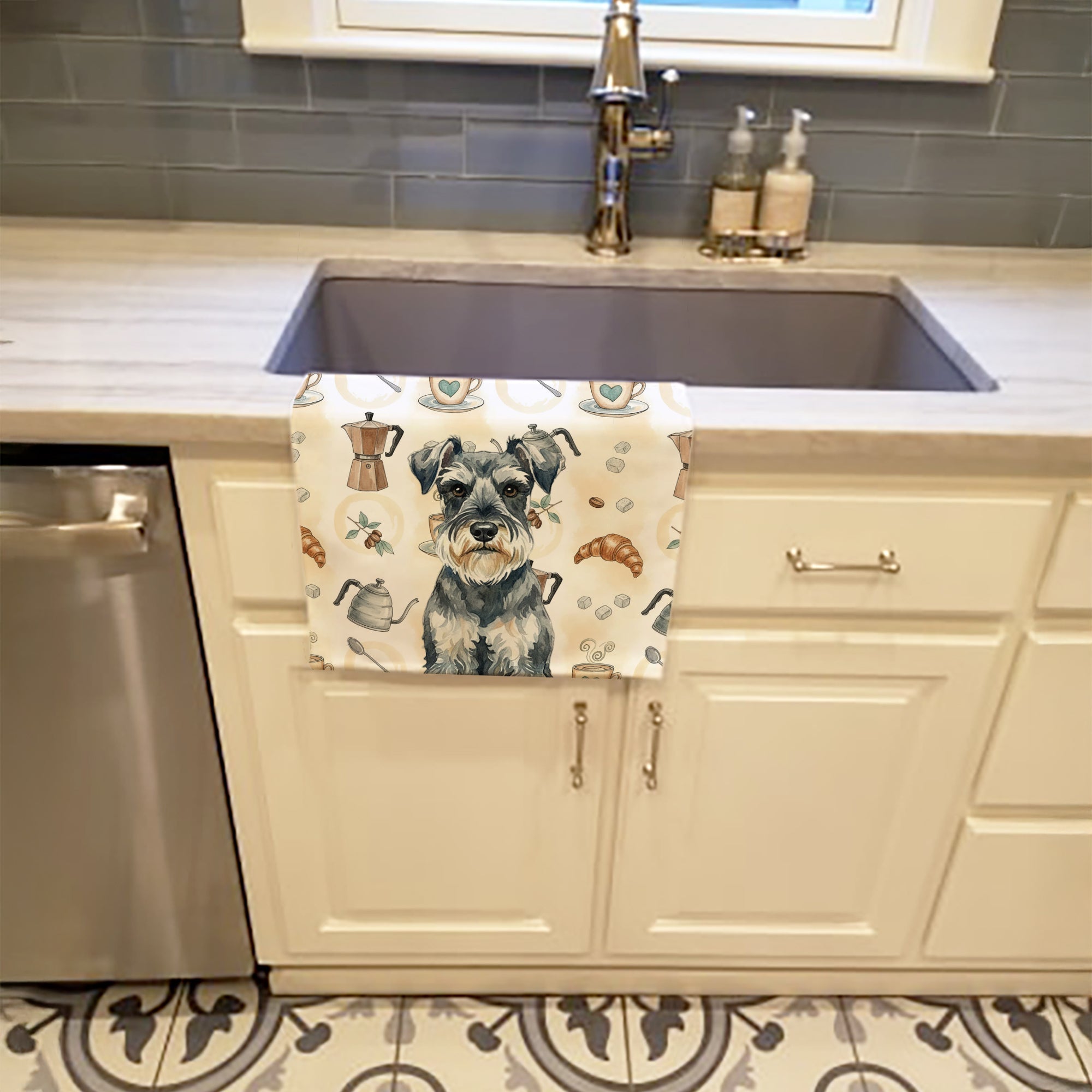 Schnauzer Coffee Bar Kitchen Towel Velour Plush Front and Cotton Loop Back Machine Washable