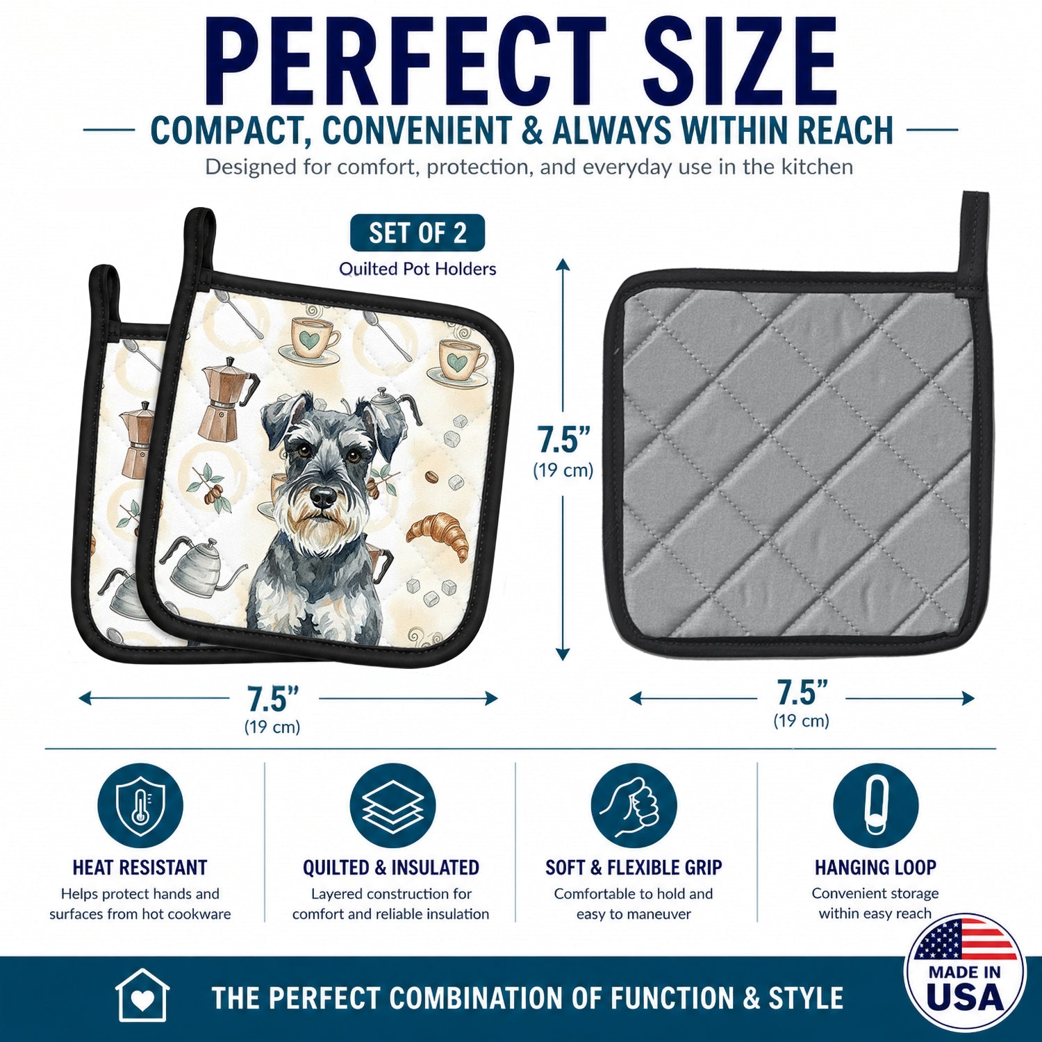 Schnauzer Coffee Bar Pot Holder Set of 2 Heat Resistant Quilted Hot Pads 7.5 x 7.5 Inch, Insulated Kitchen Trivets for Cooking & Baking