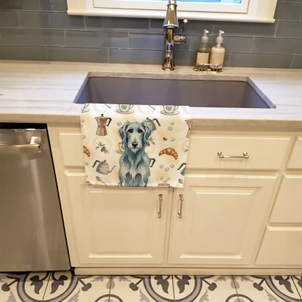 Blue-Gray Scottish Deerhound Coffee Bar Kitchen Towel Velour Plush Front and Cotton Loop Back Machine Washable