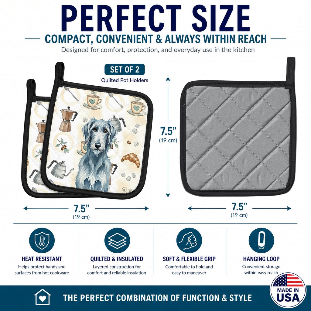 Blue-Gray Scottish Deerhound Coffee Bar Pot Holder Set of 2 Heat Resistant Quilted Hot Pads 7.5 x 7.5 Inch, Insulated Kitchen Trivets for Cooking & Baking