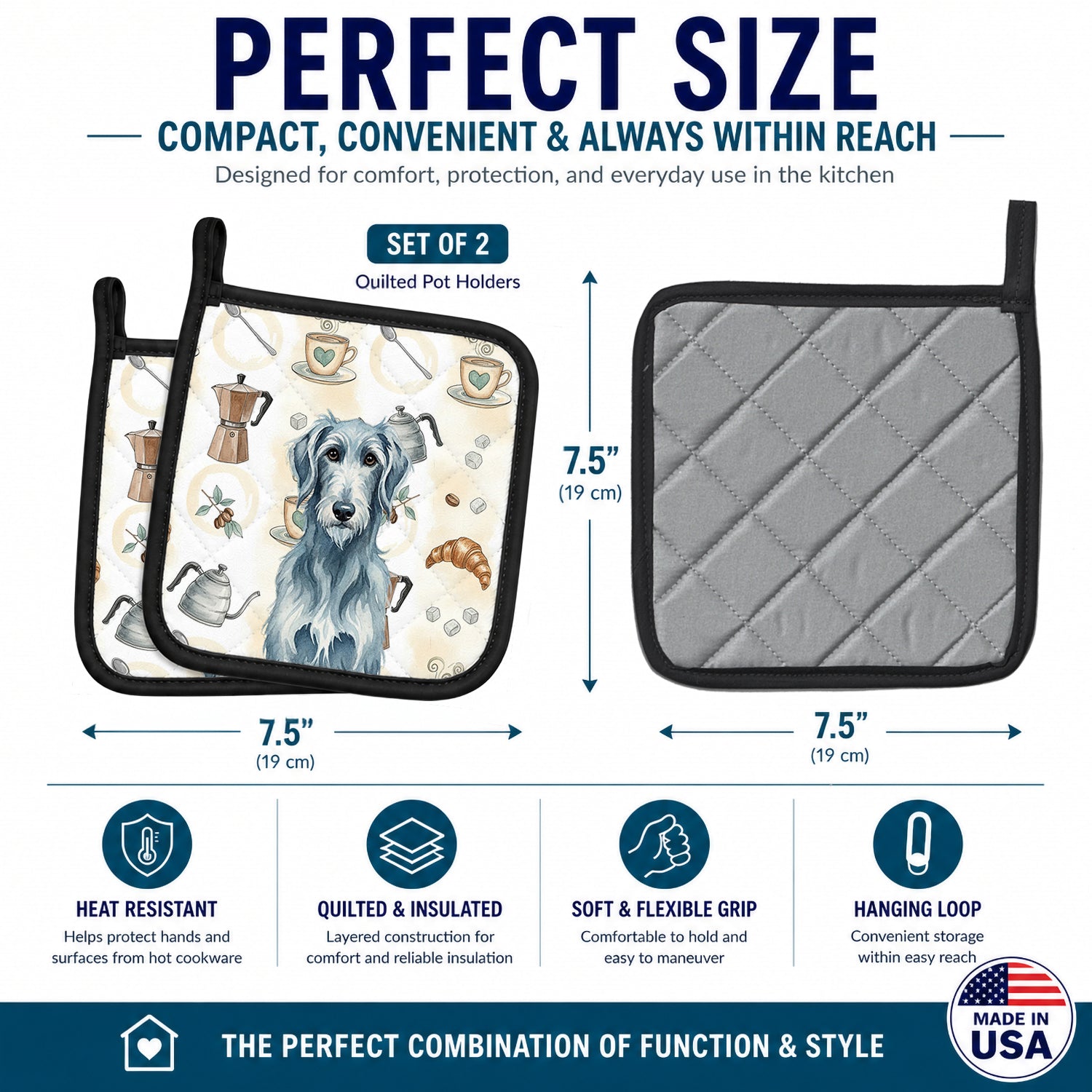 Blue-Gray Scottish Deerhound Coffee Bar Pot Holder Set of 2 Heat Resistant Quilted Hot Pads 7.5 x 7.5 Inch, Insulated Kitchen Trivets for Cooking & Baking