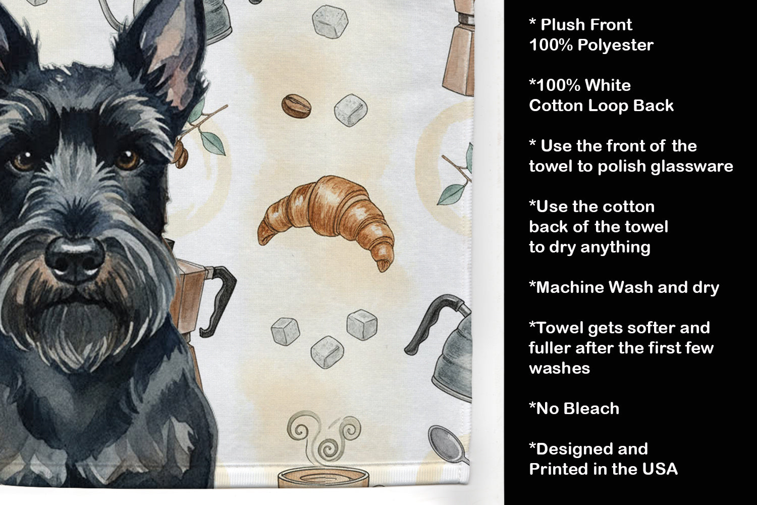 Scottish Terrier Coffee Bar Kitchen Towel Velour Plush Front and Cotton Loop Back Machine Washable