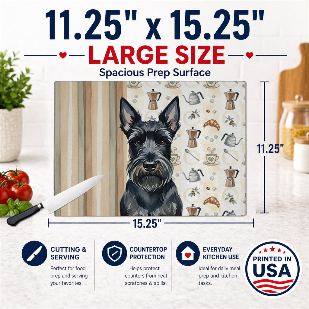 Scottish Terrier Coffee Bar Cutting Board Tempered Glass Kitchen Cutting Surface, Heat Resistant Chopping, Non-Slip Feet, Food Prep & Serving