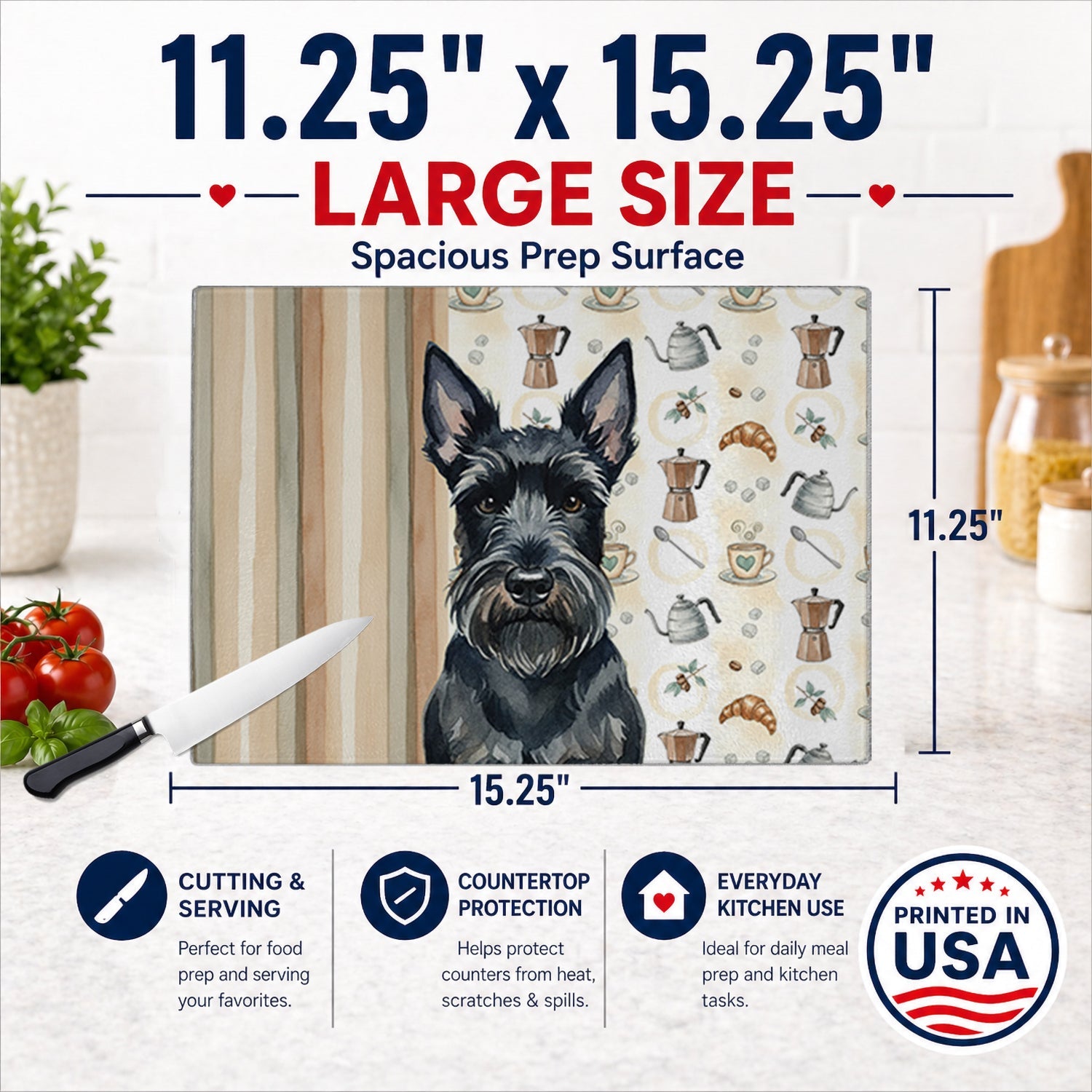 Scottish Terrier Coffee Bar Cutting Board Tempered Glass Kitchen Cutting Surface, Heat Resistant Chopping, Non-Slip Feet, Food Prep & Serving