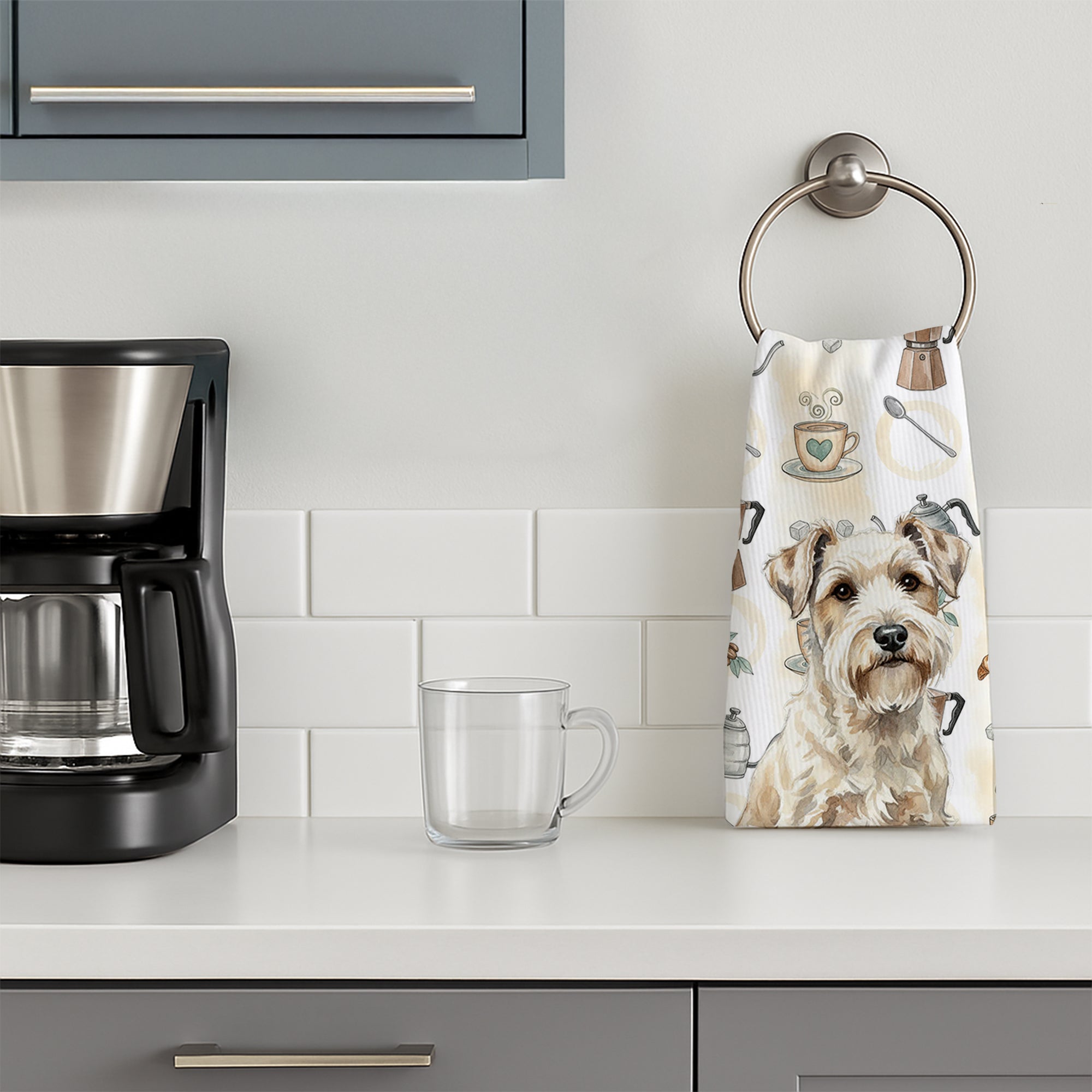 Sealyham Terrier Coffee Bar Kitchen Towel Velour Plush Front and Cotton Loop Back Machine Washable