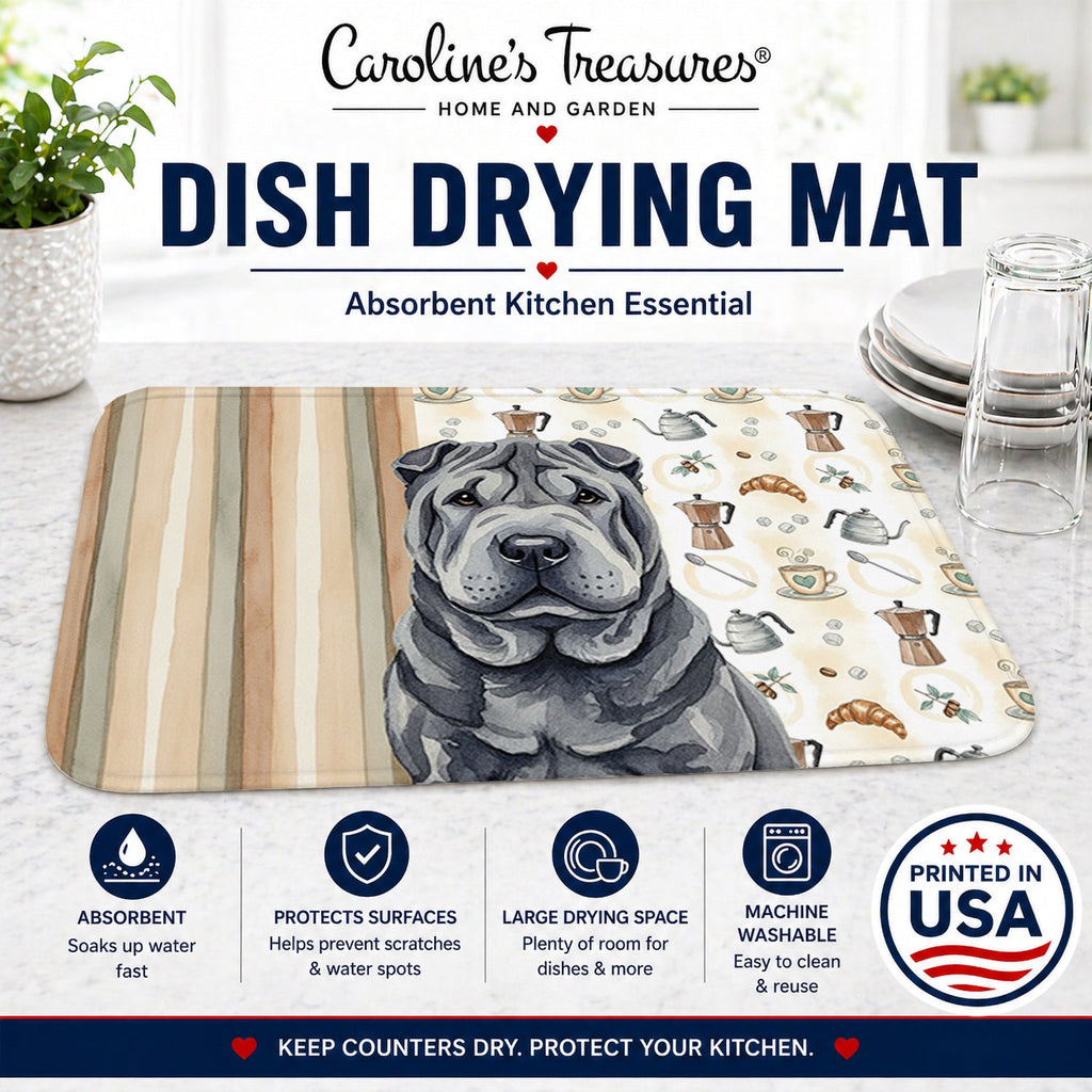 Black Shar Pei Coffee Bar Dish Drying Mat Absorbent Dish Drying Mat Pad for Kitchen Counter Dish Drainer Mat for Countertop, 14 x 21", Multicolor