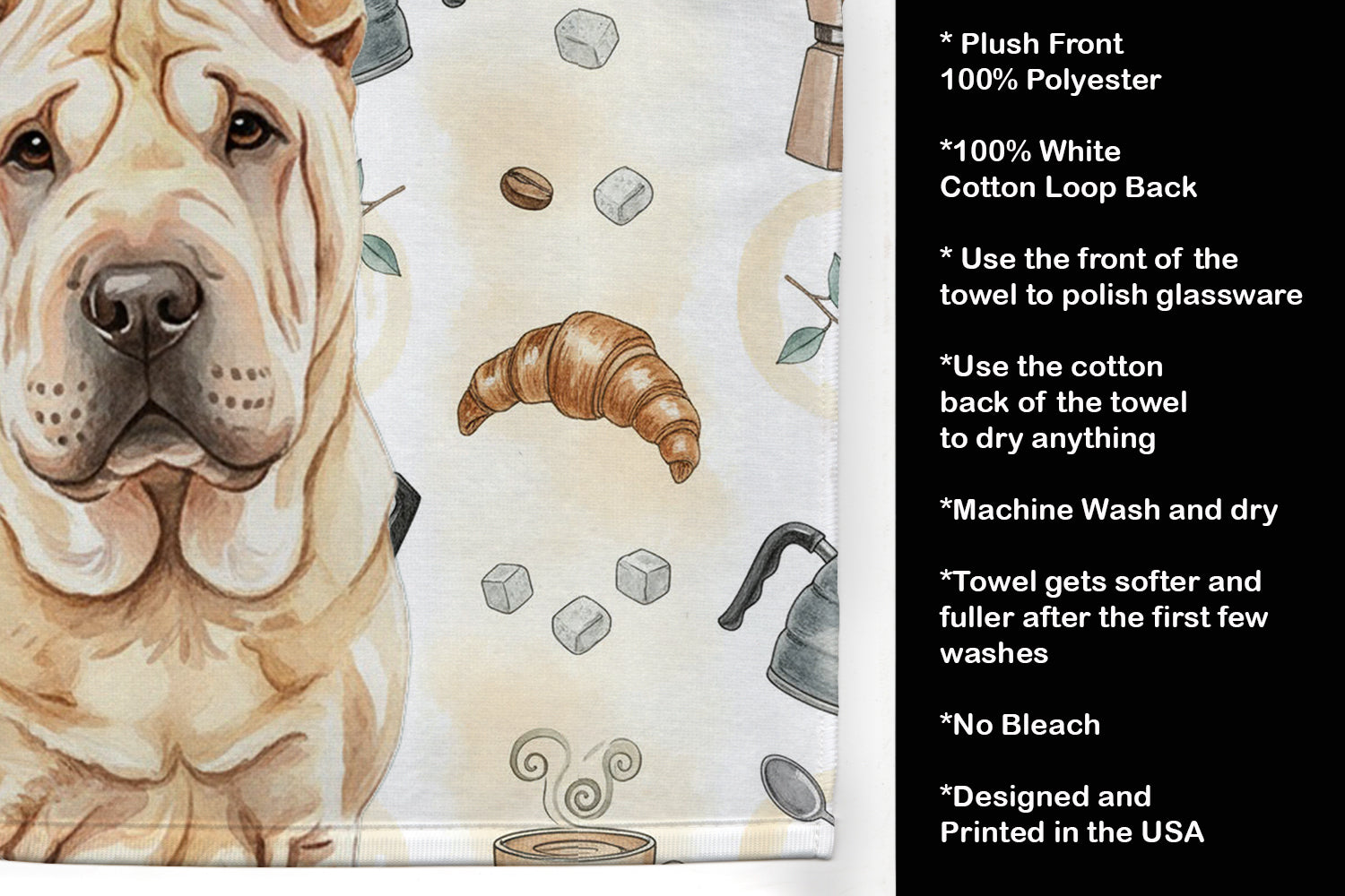 Shar Pei Coffee Bar Kitchen Towel Velour Plush Front and Cotton Loop Back Machine Washable