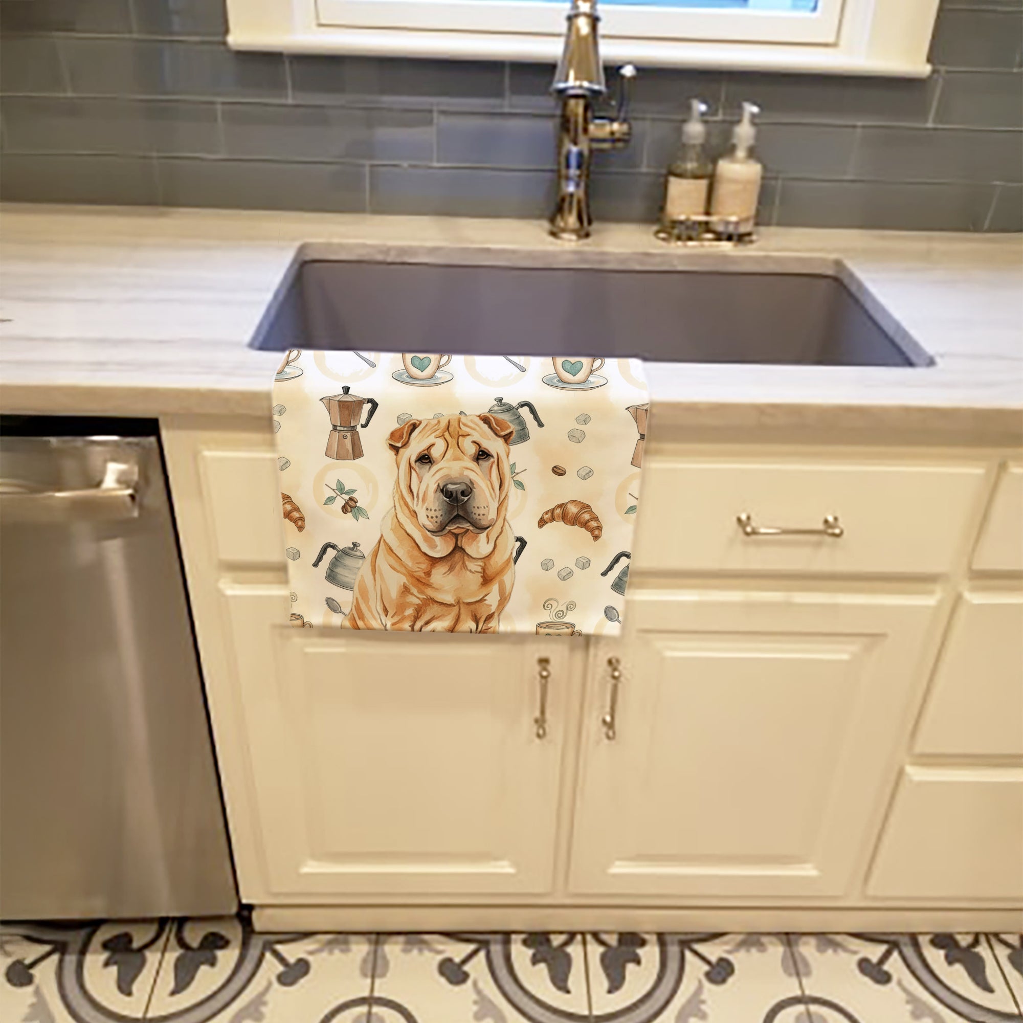 Red Shar Pei Coffee Bar Kitchen Towel Velour Plush Front and Cotton Loop Back Machine Washable