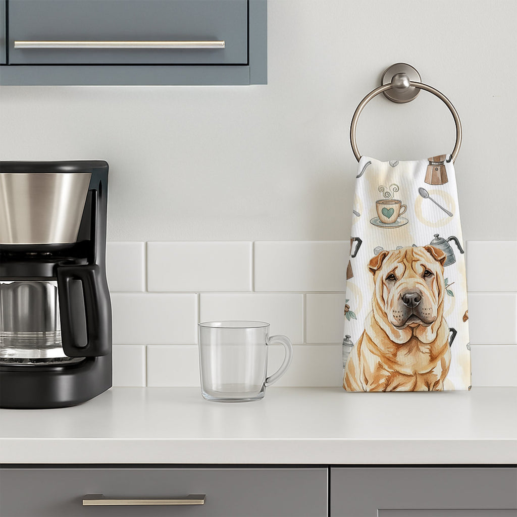 Red Shar Pei Coffee Bar Kitchen Towel Velour Plush Front and Cotton Loop Back Machine Washable