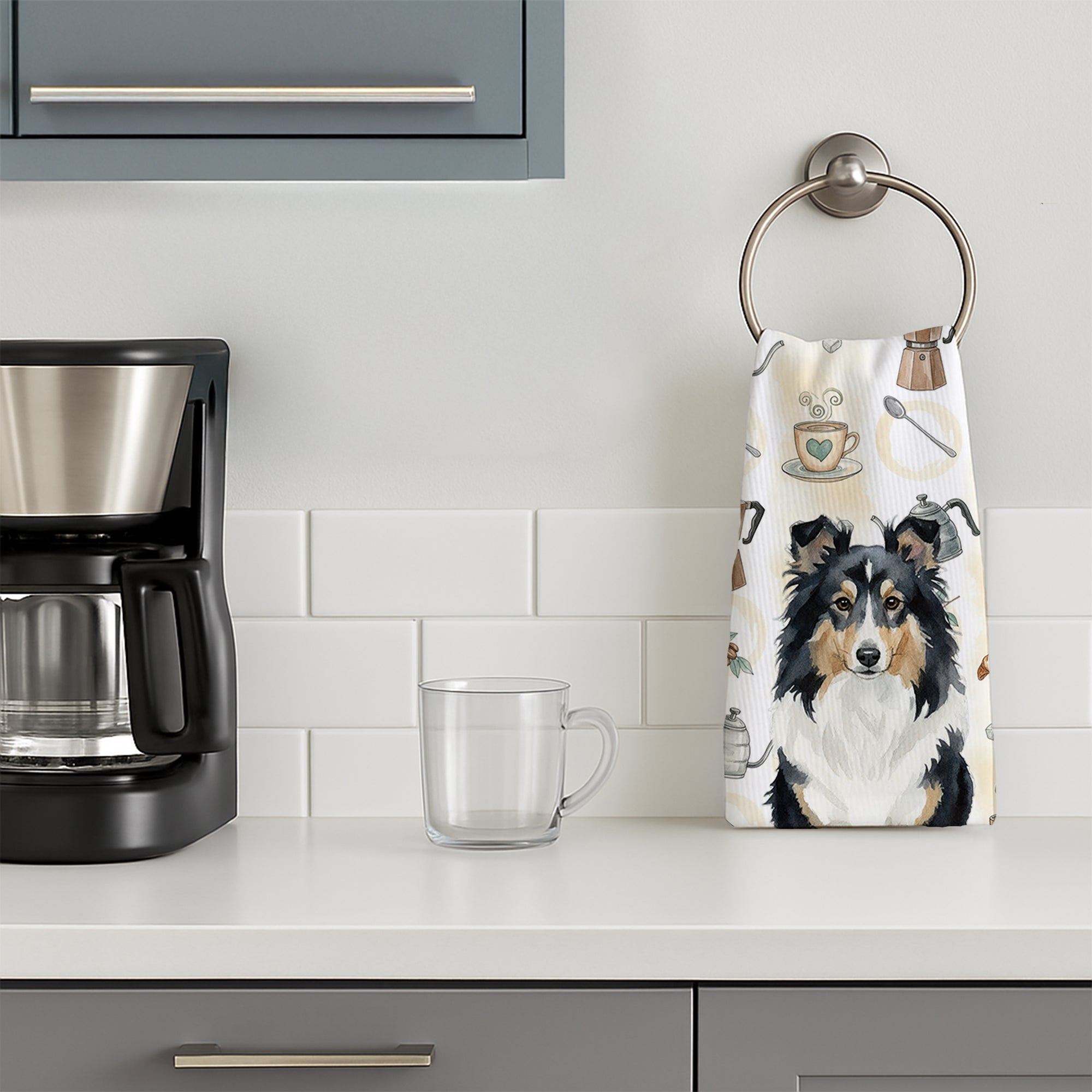 Tricolor Sheltie Coffee Bar Kitchen Towel Velour Plush Front and Cotton Loop Back Machine Washable