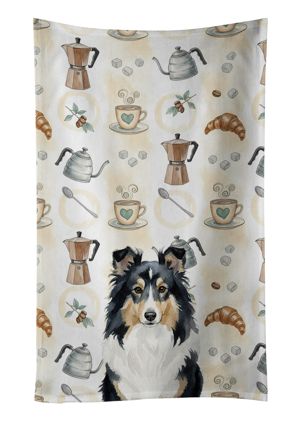 Tricolor Sheltie Coffee Bar Kitchen Towel Velour Plush Front and Cotton Loop Back Machine Washable
