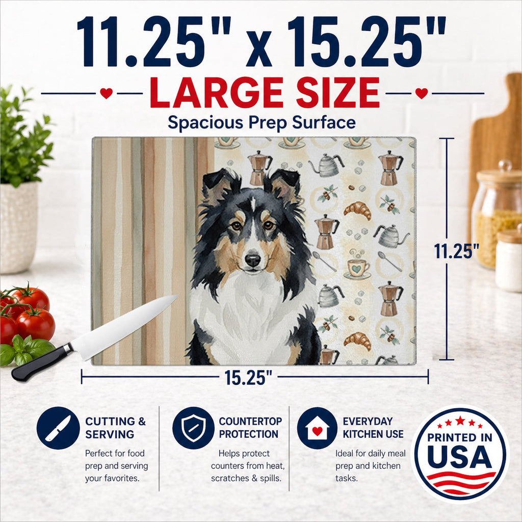 Tricolor Sheltie Coffee Bar Cutting Board Tempered Glass Kitchen Cutting Surface, Heat Resistant Chopping, Non-Slip Feet, Food Prep & Serving