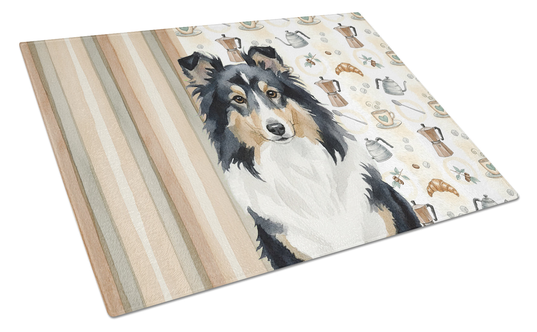 Tricolor Sheltie Coffee Bar Cutting Board Tempered Glass Kitchen Cutting Surface, Heat Resistant Chopping, Non-Slip Feet, Food Prep & Serving
