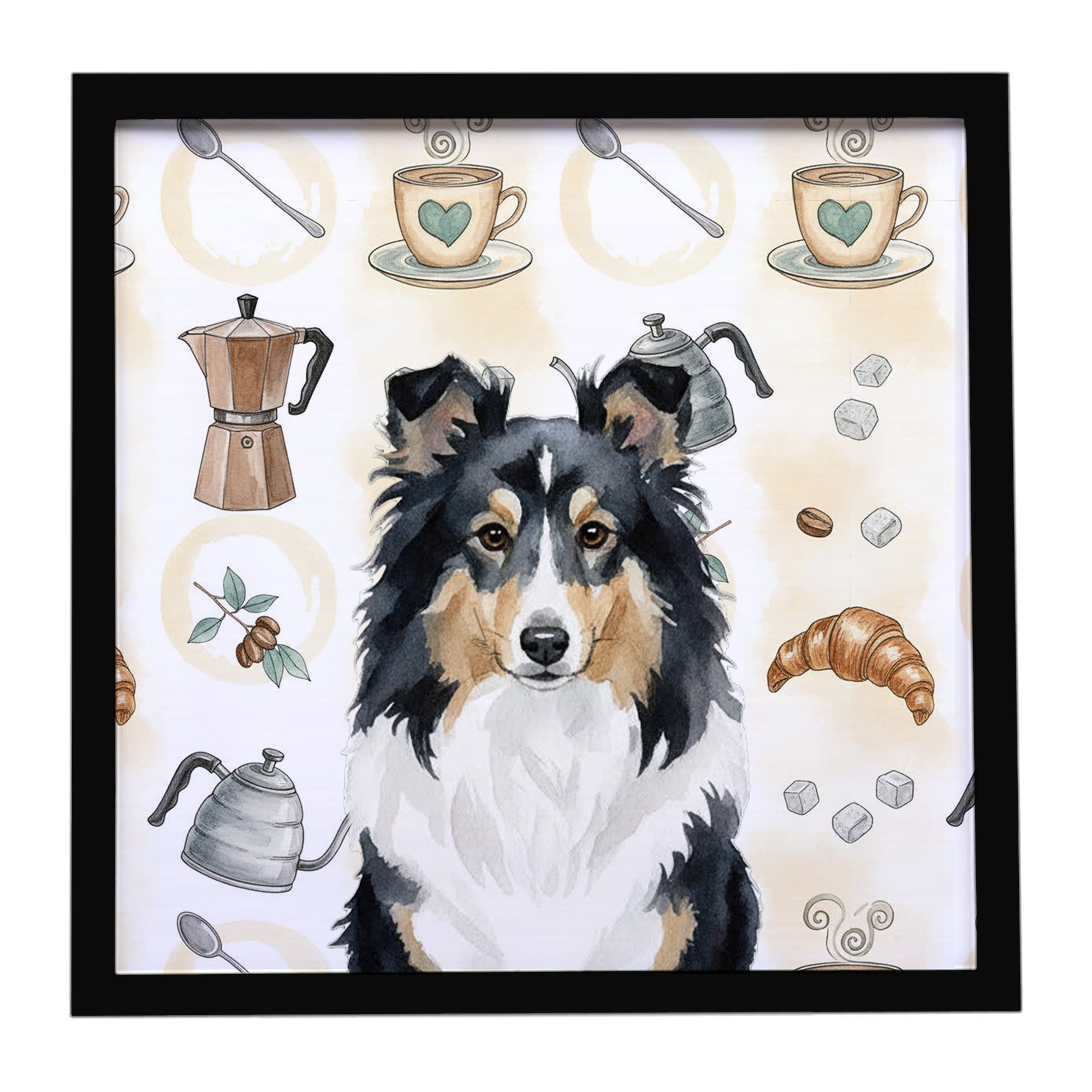 Tricolor Sheltie Coffee Bar Framed Metal Print Bathroom, Kitchen, Office, Home Decor Wall Art Ready to Hang, Square, 8X8