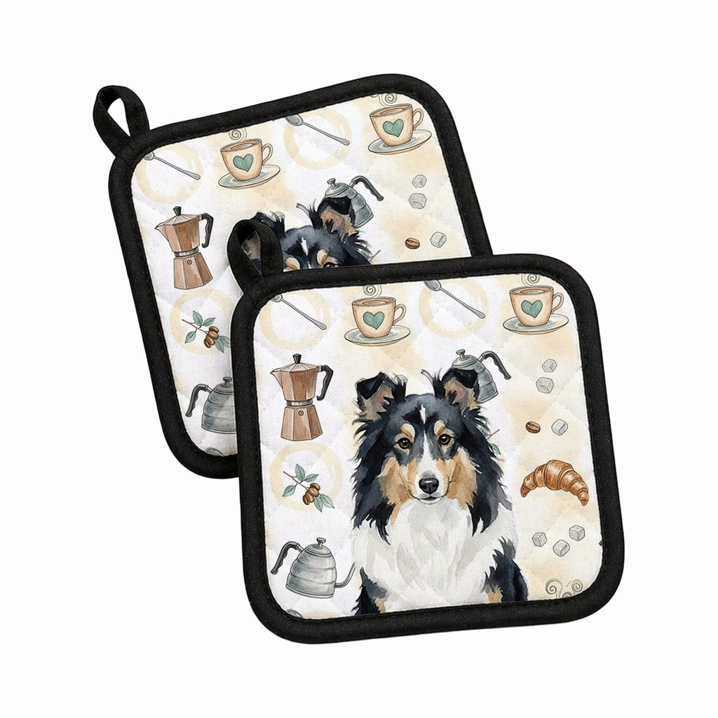Tricolor Sheltie Coffee Bar Pot Holder Set of 2 Heat Resistant Quilted Hot Pads 7.5 x 7.5 Inch, Insulated Kitchen Trivets for Cooking & Baking