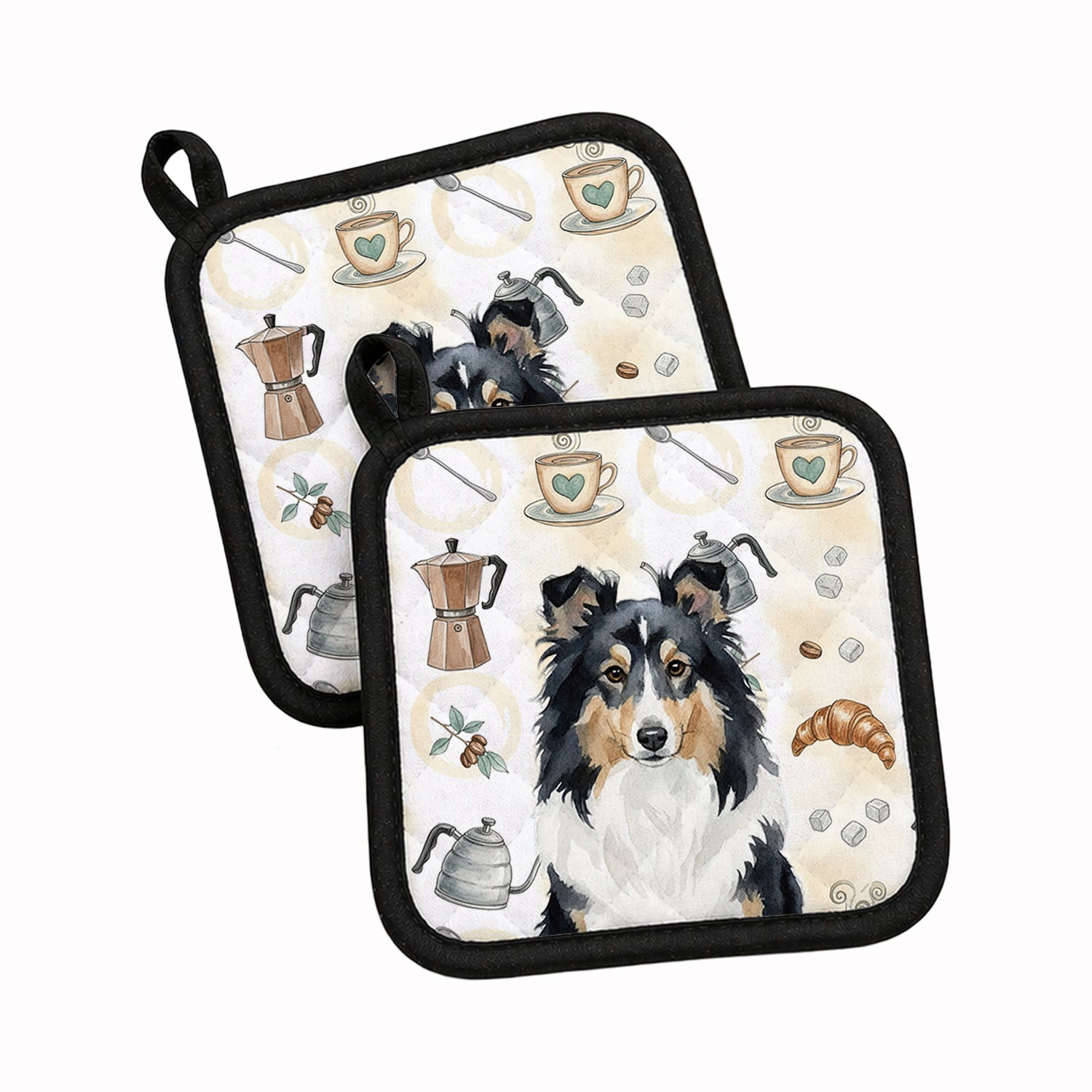 Tricolor Sheltie Coffee Bar Pot Holder Set of 2 Heat Resistant Quilted Hot Pads 7.5 x 7.5 Inch, Insulated Kitchen Trivets for Cooking & Baking