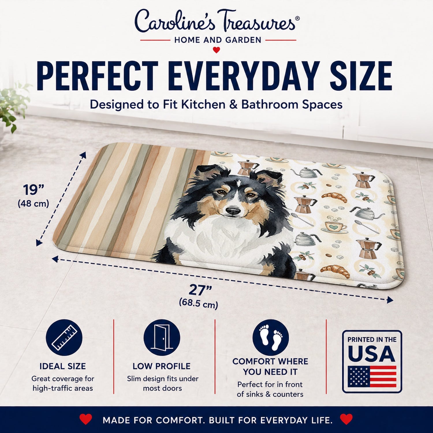 Tricolor Sheltie Coffee Bar Memory Foam Kitchen Mat Machine Washable Anti-Fatigue Cushion Comfort Bath or Kitchen Rug