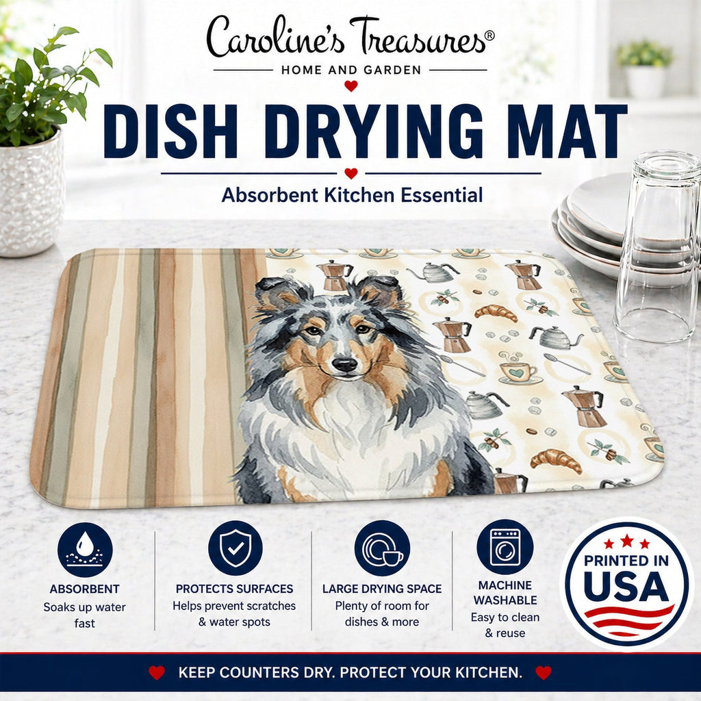 Blue Merle Sheltie Coffee Bar Dish Drying Mat Absorbent Dish Drying Mat Pad for Kitchen Counter Dish Drainer Mat for Countertop, 14 x 21", Multicolor