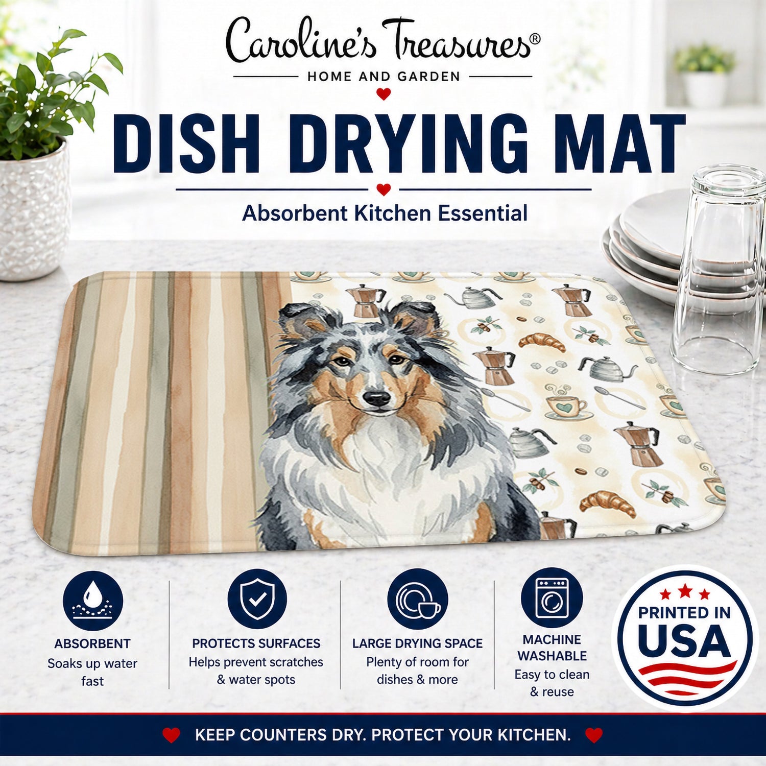 Blue Merle Sheltie Coffee Bar Dish Drying Mat Absorbent Dish Drying Mat Pad for Kitchen Counter Dish Drainer Mat for Countertop, 14 x 21", Multicolor