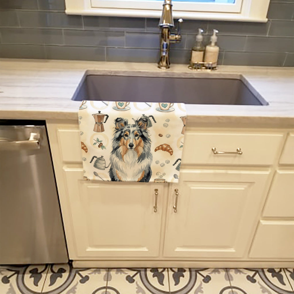 Blue Merle Sheltie Coffee Bar Kitchen Towel Velour Plush Front and Cotton Loop Back Machine Washable