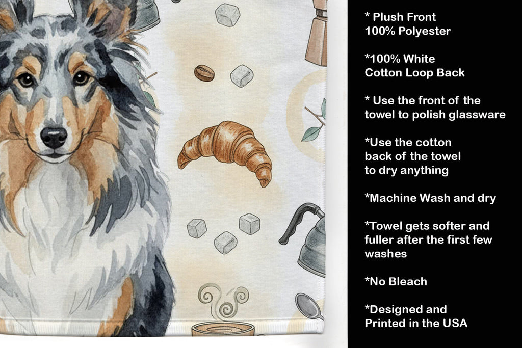 Blue Merle Sheltie Coffee Bar Kitchen Towel Velour Plush Front and Cotton Loop Back Machine Washable